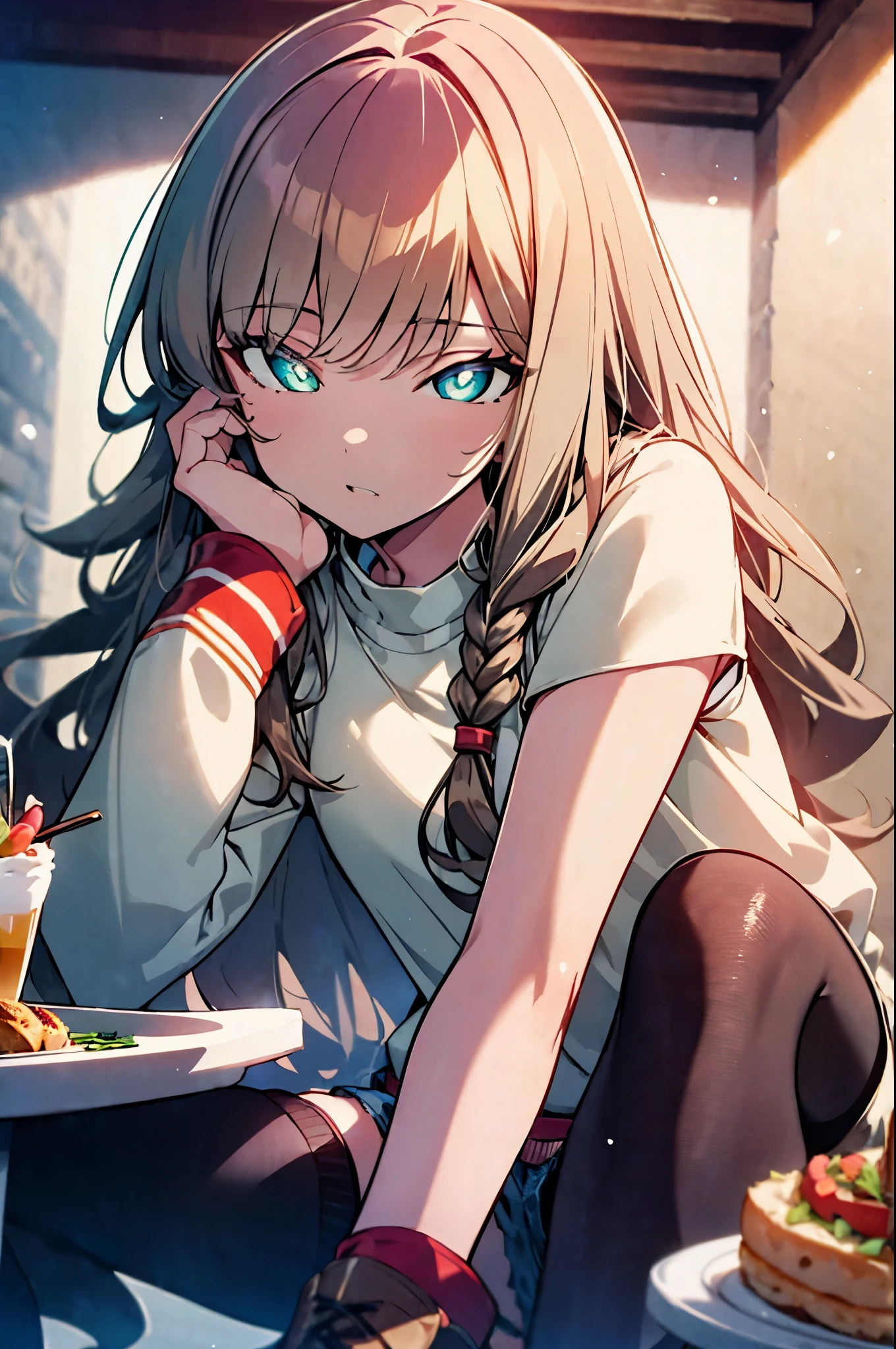 8k,highest quality,masterpiece,Southern dream bud,Southern dream bud sss dynazenon,brown hair,long hair,green eyes,short braided hair, white oversized sweater,shorts,White pantyhose,short boots,open terrace,restaurant,food is placed on the table,sitting in a chair,(masterpiece:1.2), highest quality, High resolution, unity 8k wallpaper, (shape:0.8), (beautiful and detailed eyes:1.6), highly detailed face, perfect lighting, Very detailed CG, (perfect hands, perfect anatomy),