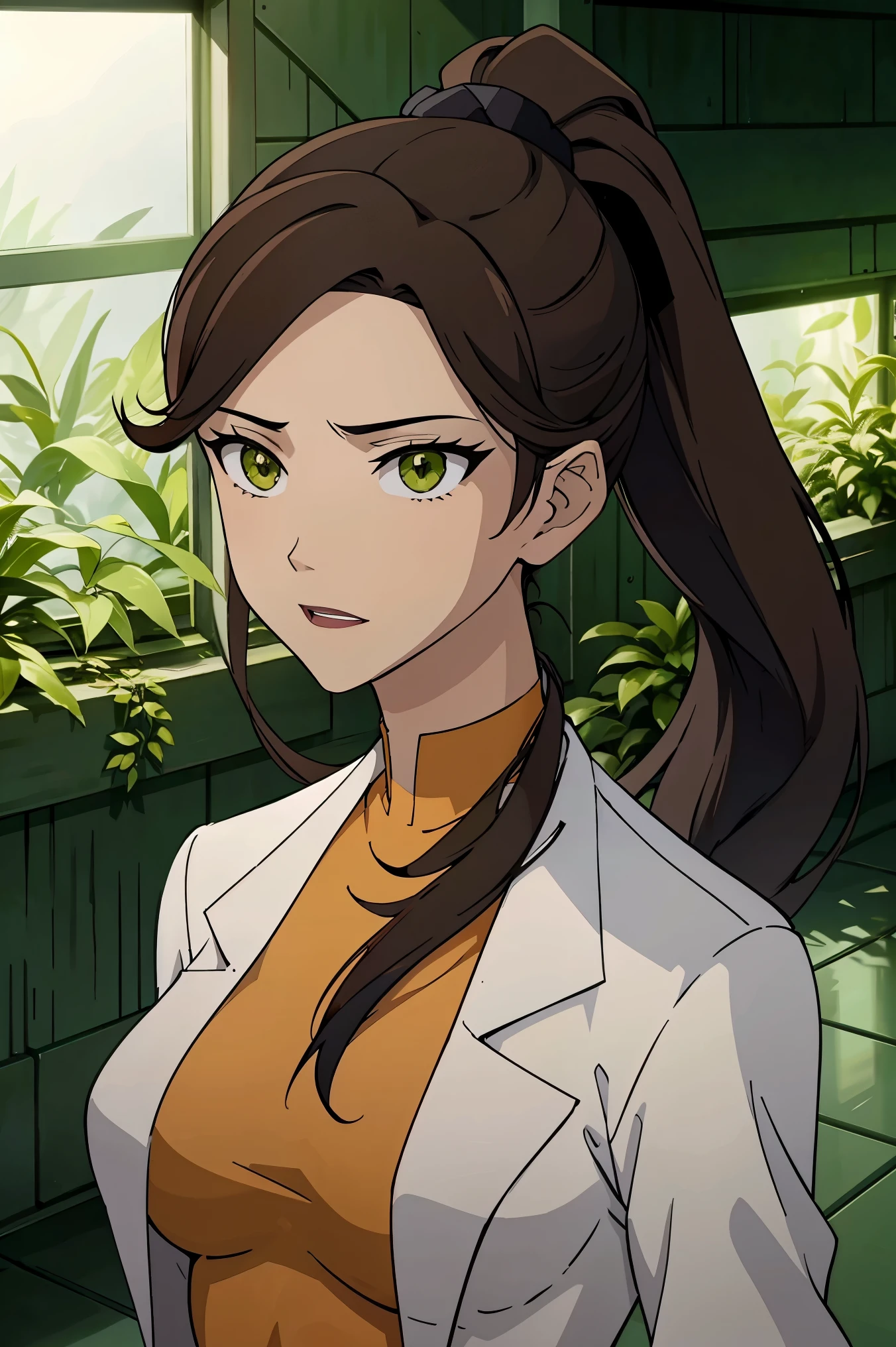 A stunning and intricate full color portrait, a 28 year old girl, long brown hair, ponytail in her hair, green eyes, detailed face, wearing a white doctor's coat, under a yellow shirt, epic character composition, alessio albi, nina masic, sharp focus, natural lighting, subsurface dispersion, f2, 35mm