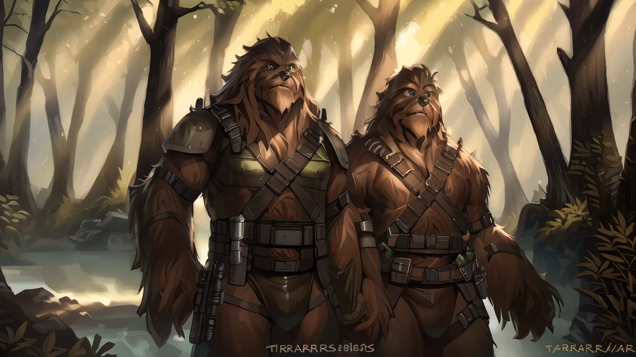 ((Two tall male wookies wearing  green leotards with a utility belt)), thigh holster, bandoleer, leather straps, tactical, Star Wars blaster, gun, strong, shoulder pads, 4K, Detailed Background, forest, bright sunlight, detailed eyes, narrow eyes, realistic eyes, serious eyes, symmetrical eyes, by Taran Fiddler