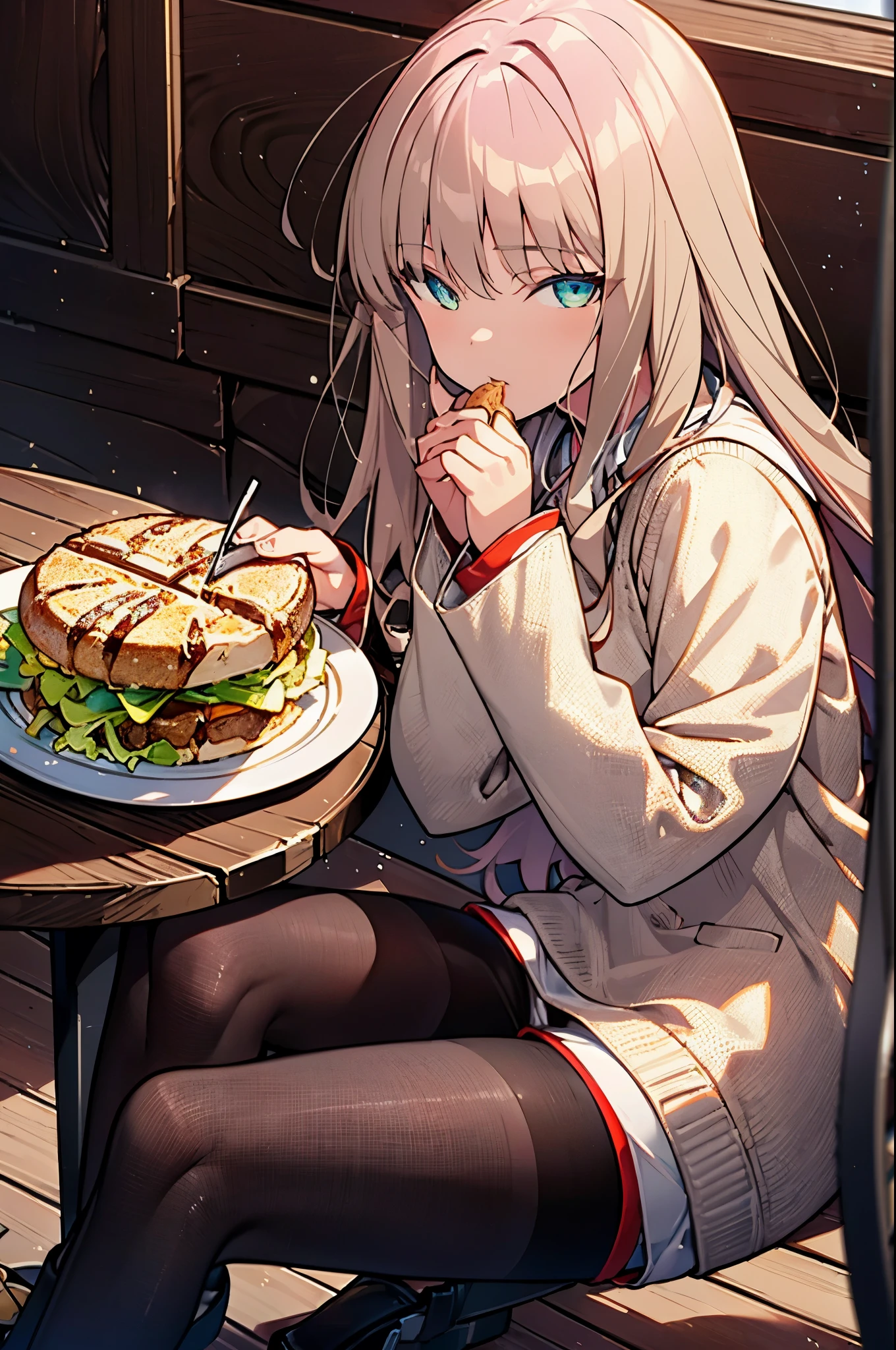 8k,highest quality,masterpiece,Southern dream bud,Southern dream bud sss dynazenon,brown hair,long hair,green eyes,short braided hair, white oversized sweater,shorts,White pantyhose,short boots,open terrace,restaurant,food is placed on the table,sitting in a chair,(masterpiece:1.2), highest quality, High resolution, unity 8k wallpaper, (shape:0.8), (beautiful and detailed eyes:1.6), highly detailed face, perfect lighting, Very detailed CG, (perfect hands, perfect anatomy),