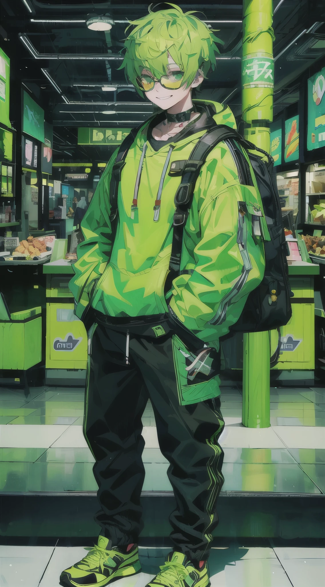 Glasses　green hair　short hair　yellow food court　put both hands in pockets　1 male　cyber punk　Backpack　view audience　full body shot　Remove this from the side and cast　squat　grinning face　canine teeth　smile　hold a stick in one&#39;s mouth