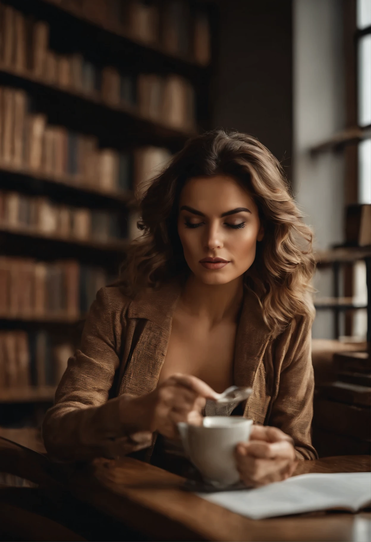 Mulher com rosto delicado, Areda, Italian features, Pele muito branca, Cabelo ondulado, large light brown eyes with large light brown eyelashes, with pants with closed blouse and leather jacket, sentado em uma biblioteca cheia de livros, reading with coffee on the table