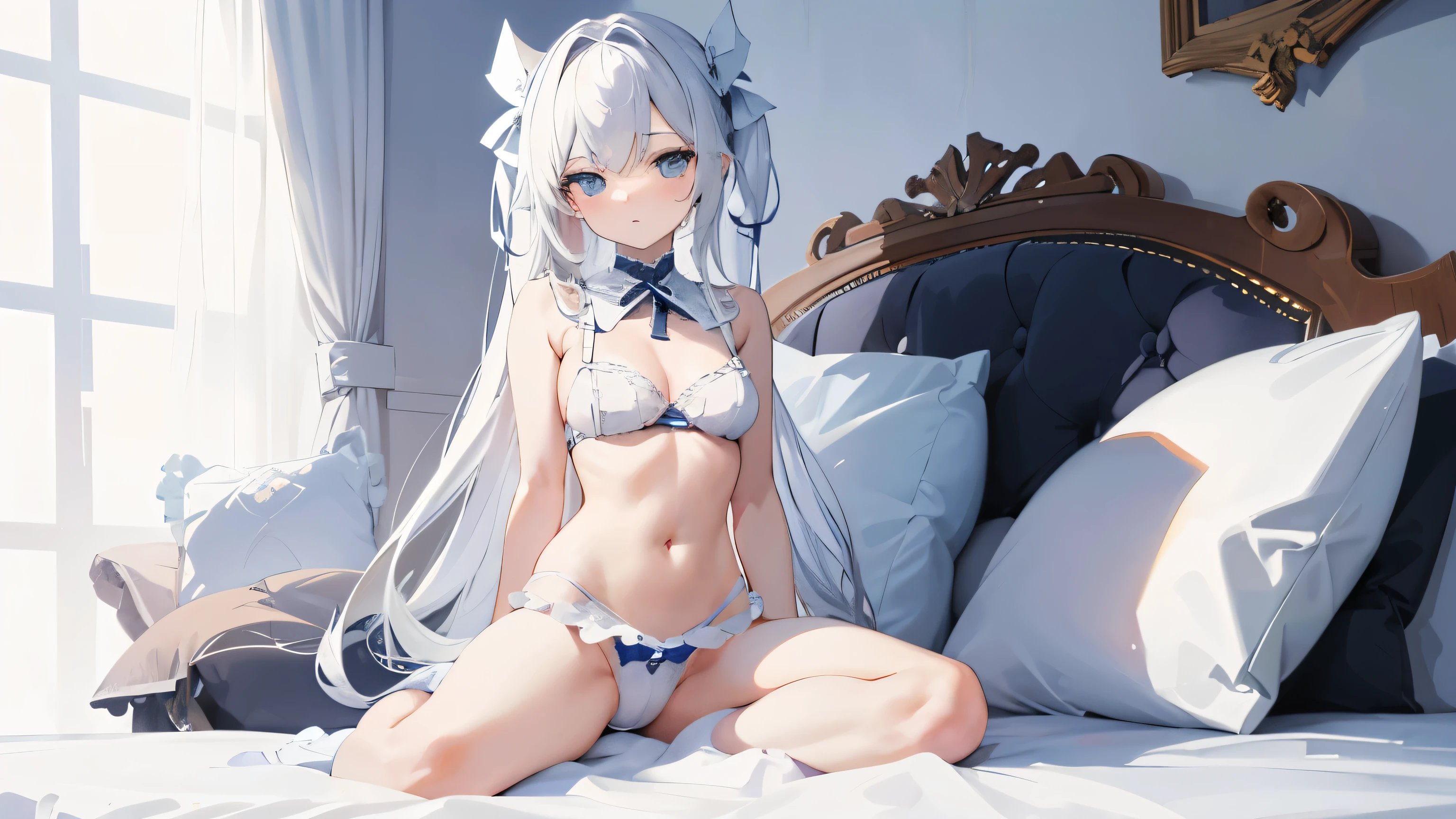 surface side, whole body, sit with legs wide apart, white bra and white ribbon, C cup, white panties with light blue ribbon, intimate, white background, be familiar with, high sharpness, 8K high-definition wallpaper