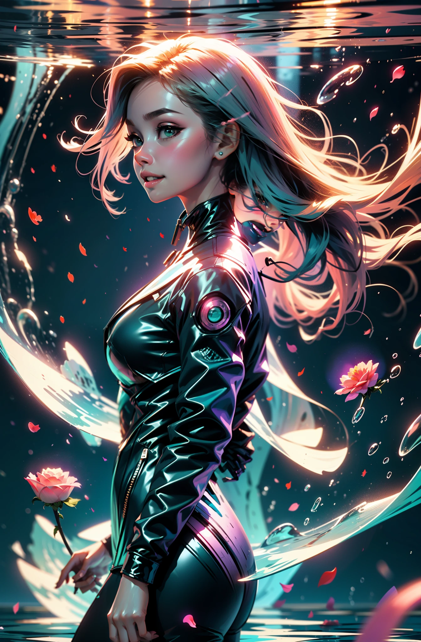 cyberpunk female woman wearing (turquoise Jacket with chromatic accents:1.1), sleek full bodysuit, side view turning to face camera, (Petal Blush, Lagoon Blue color background:1.3), amazing smile, looking at camera, golden hour
