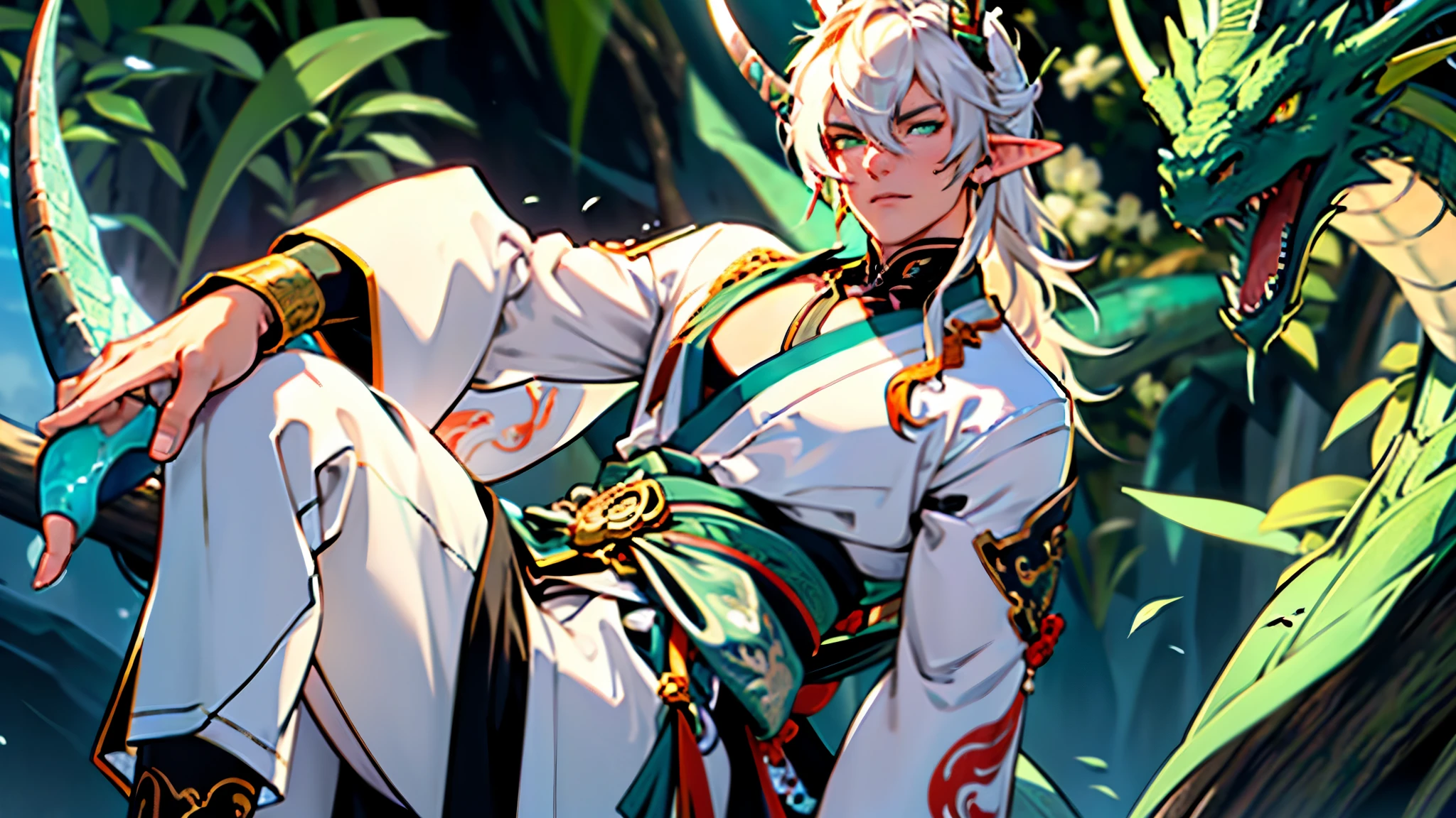 ((best quality, ultra-detailed, vivid colors, perfect anatomy)), (young man), (well-defined body), (small elven ear), ((long white hair)), (green eyes), (sensual pose), kimono, ((dragon horn)), professional attire, [relaxed pose], [ordinary horn]