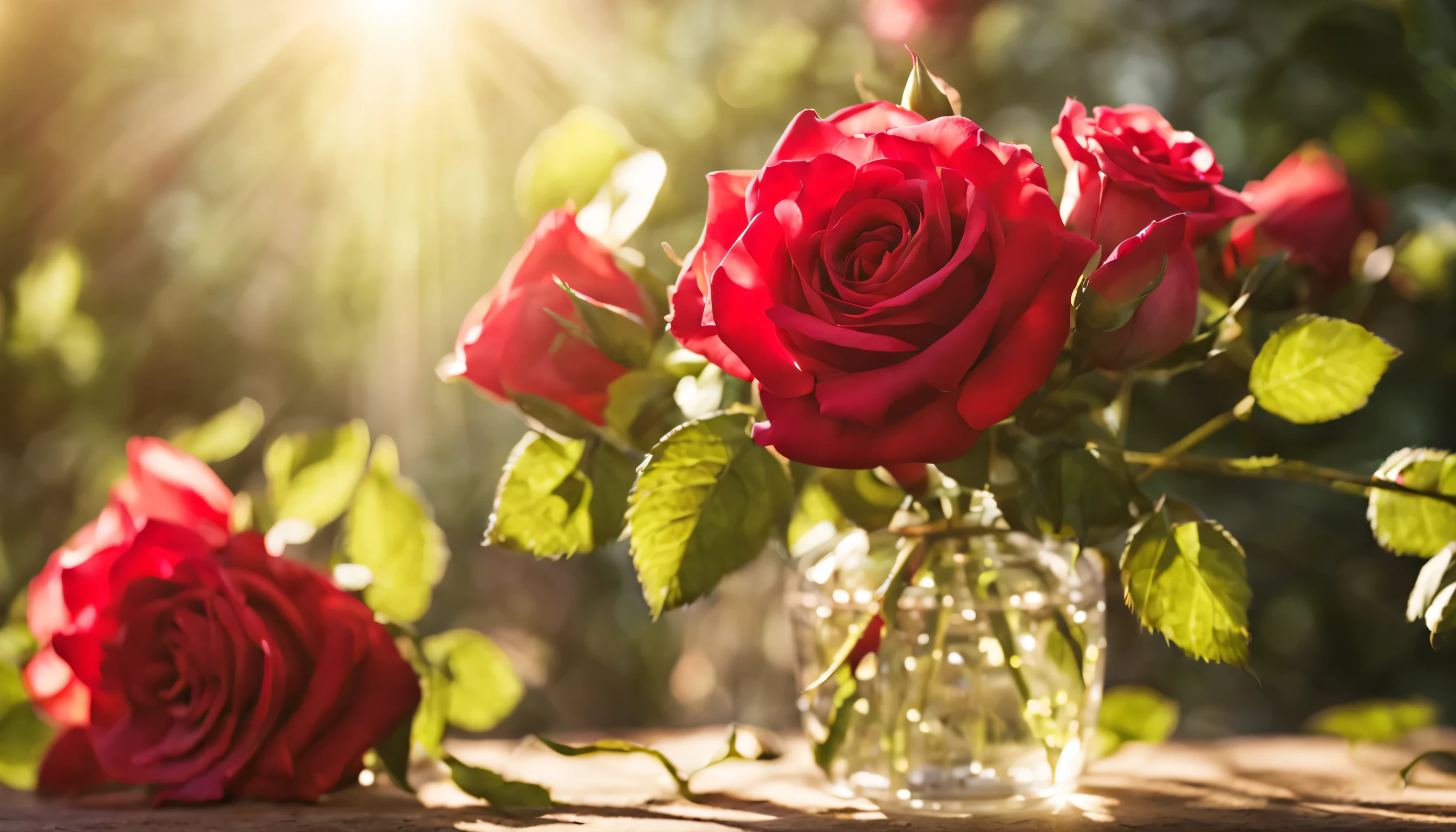 photo of beautiful roses, sunlight shining on the petals, red roses, spring roses, charming roses