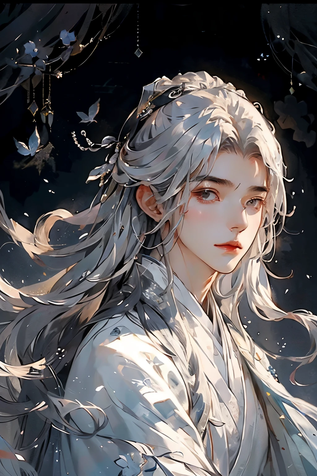 (extremely delicate and beautiful:1.2), 8k, (masterpiece, 最好of:1.0), , (长of_Silver_hair_male:1.5), upper body, along_有hairofmale, cool and inviting, of_gaze, dressed white hanfu, 以及复杂of细节, 以及复杂of细节, 精緻of眼睛和細緻of臉部, 完美of眼睛, 平等of目光, 梦幻般of光影、white room background、 Uses backlight and rim light