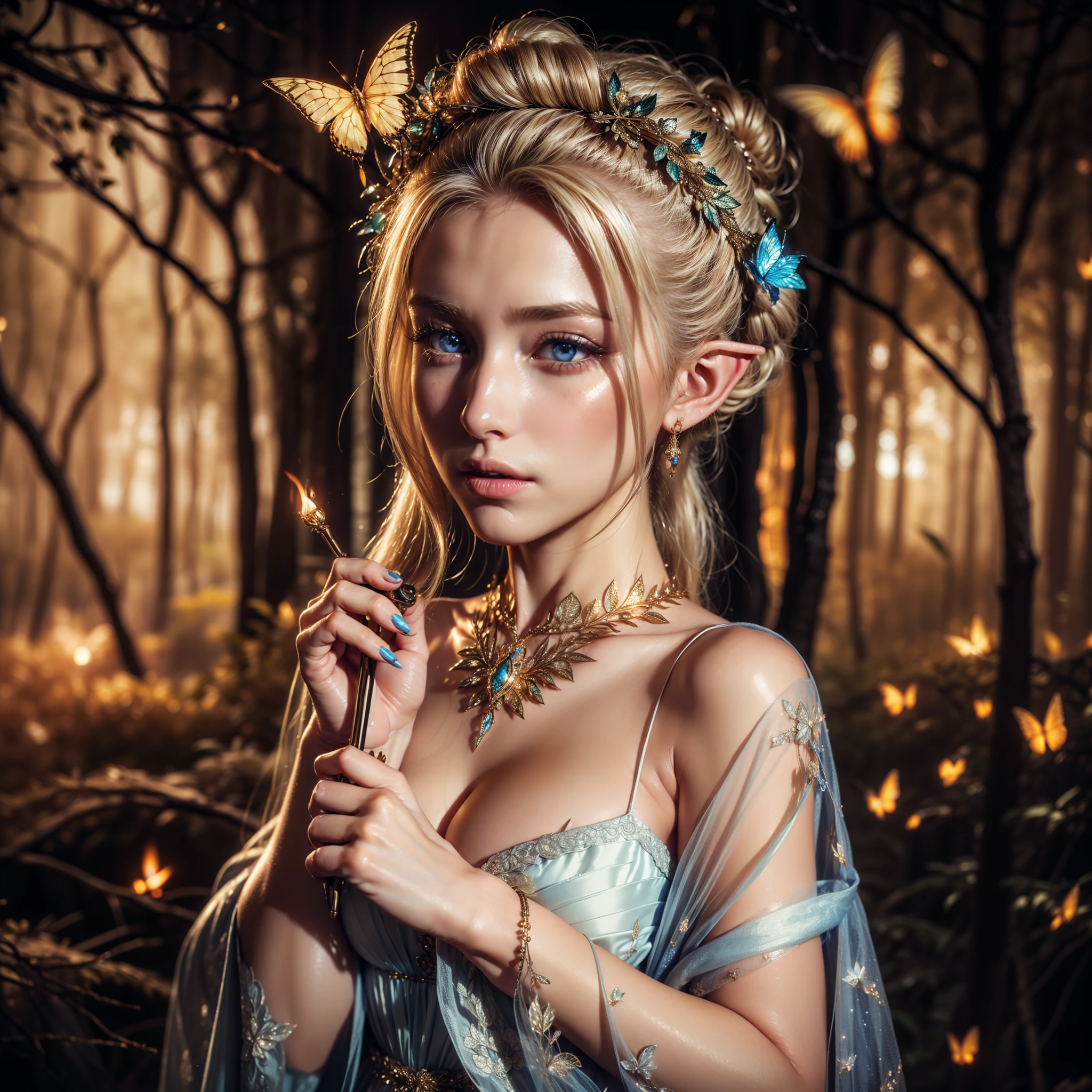 ((hyperrealistic, photorealistic, intricate details)), A beautiful blonde elf, with blue eyes, tied hair, beautiful lips, silky skin, wearing a bun, wearing a pure elven silk dress, holding a vial with a pure magical flame, surrounded of glowing fire butterflies, in an enchanted forest of magic.