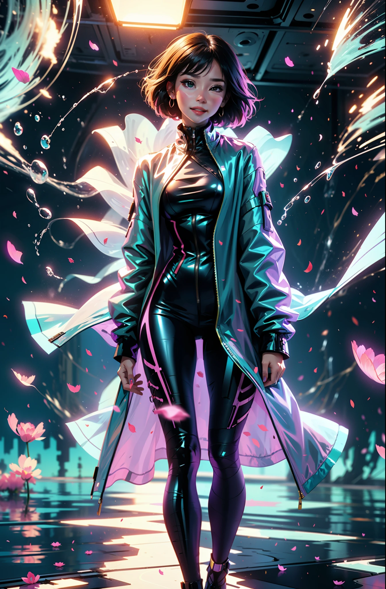 cyberpunk female woman wearing (turquoise Jacket with chromatic accents:1.1), sleek full bodysuit, (Petal Blush, Lagoon Blue color background:1.3), amazing smile, looking at camera, golden hour