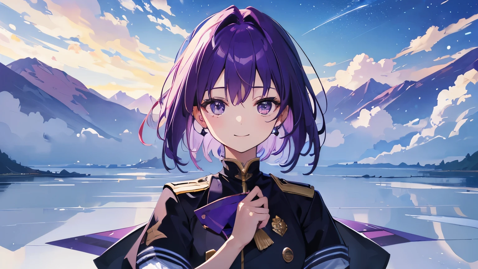 (T Masterpiece,4k wallpaper,best quality))、((girl1people))、(solo)、Shining and vivid,(purple hair)、(shortcut:1.3)、smile、uniform、desolation