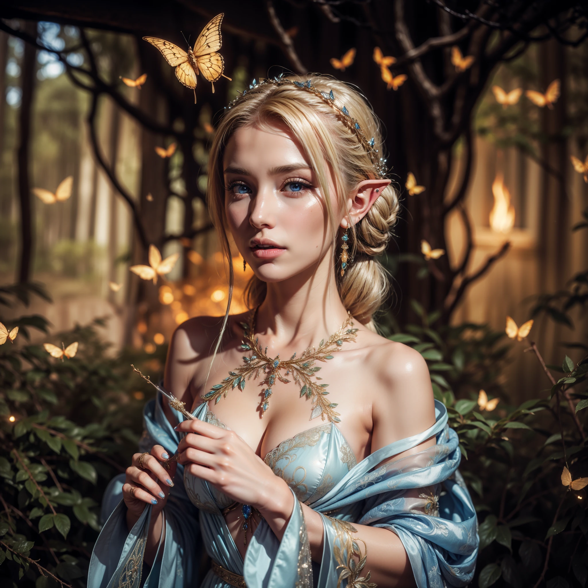 ((hyperrealistic, photorealistic, intricate details)), A beautiful blonde elf, with blue eyes, tied hair, beautiful lips, silky skin, wearing a bun, wearing a pure elven silk dress, holding a vial with a pure magical flame, surrounded of glowing fire butterflies, in an enchanted forest of magic.