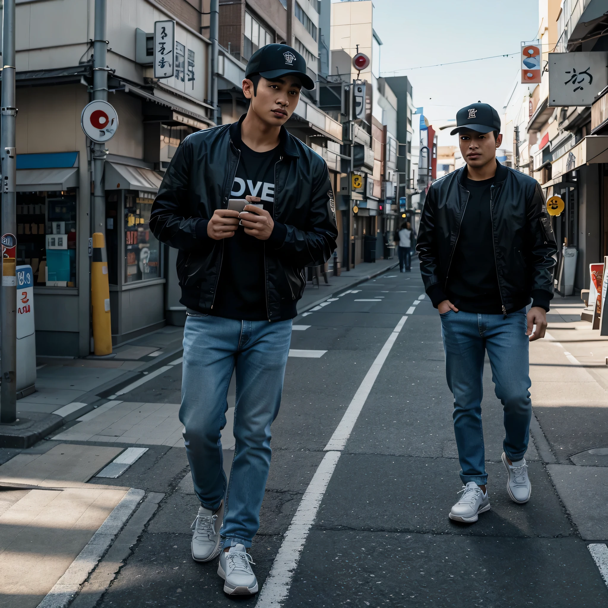 A handsome asian man, 28 years old, clean face without bard, stand alone. Wearing black baseball hat and a jacket, he wears blue jeans and sneakers on his feet, walk forward with purpose, the tokyo street road serves as the background, shrouded in sunny, cinematic atmosphere. The scene is very detailed, with hyper-realistic textures capturing evrery crease and wringkle on his face and chloting. The full-body shoot angle, making every feature and detail evident,