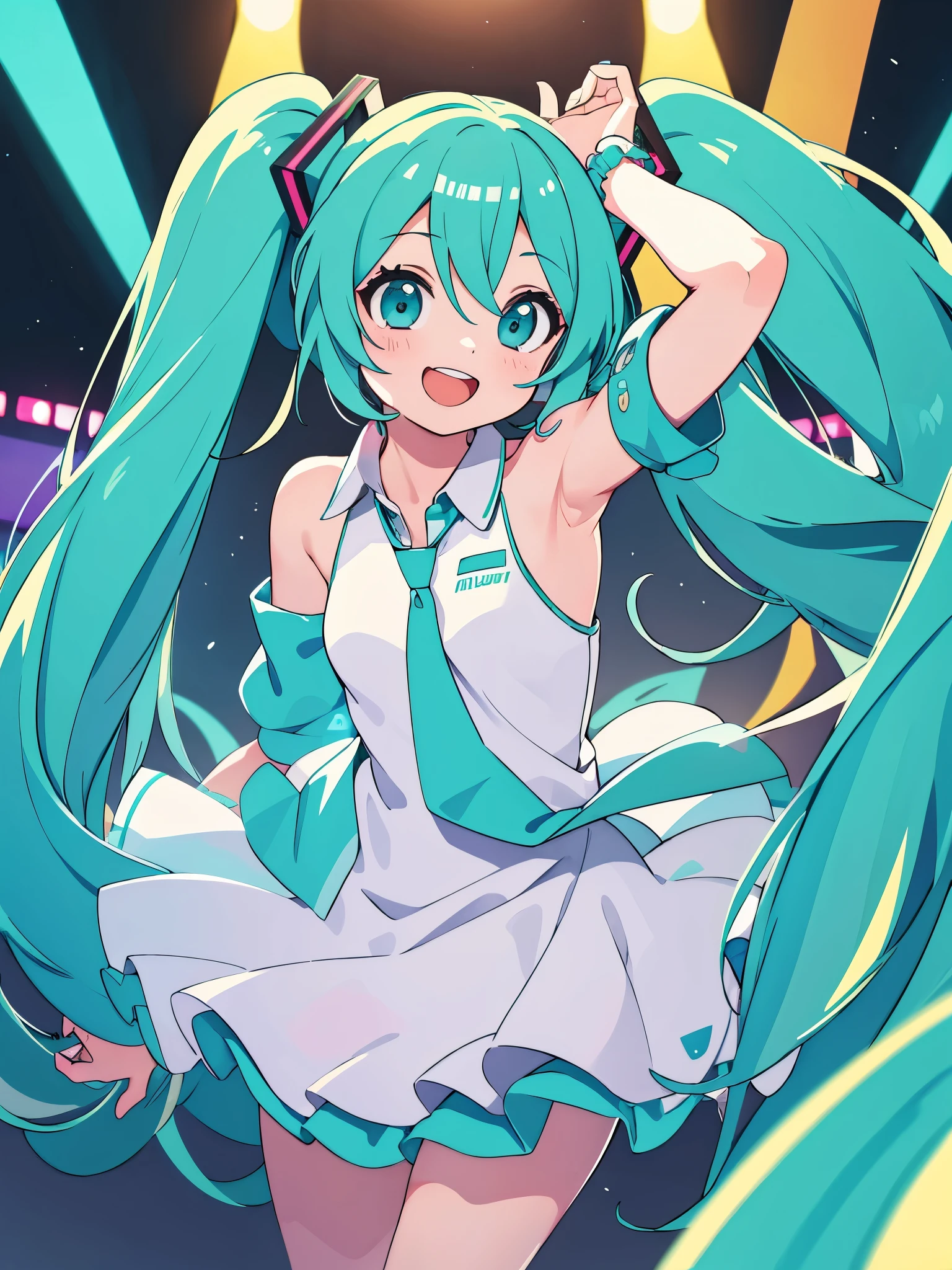 Only one girl, 1girl, Hatsune Miku, on the concert stage, happy face, smile so wide, smooth color, amazing detail