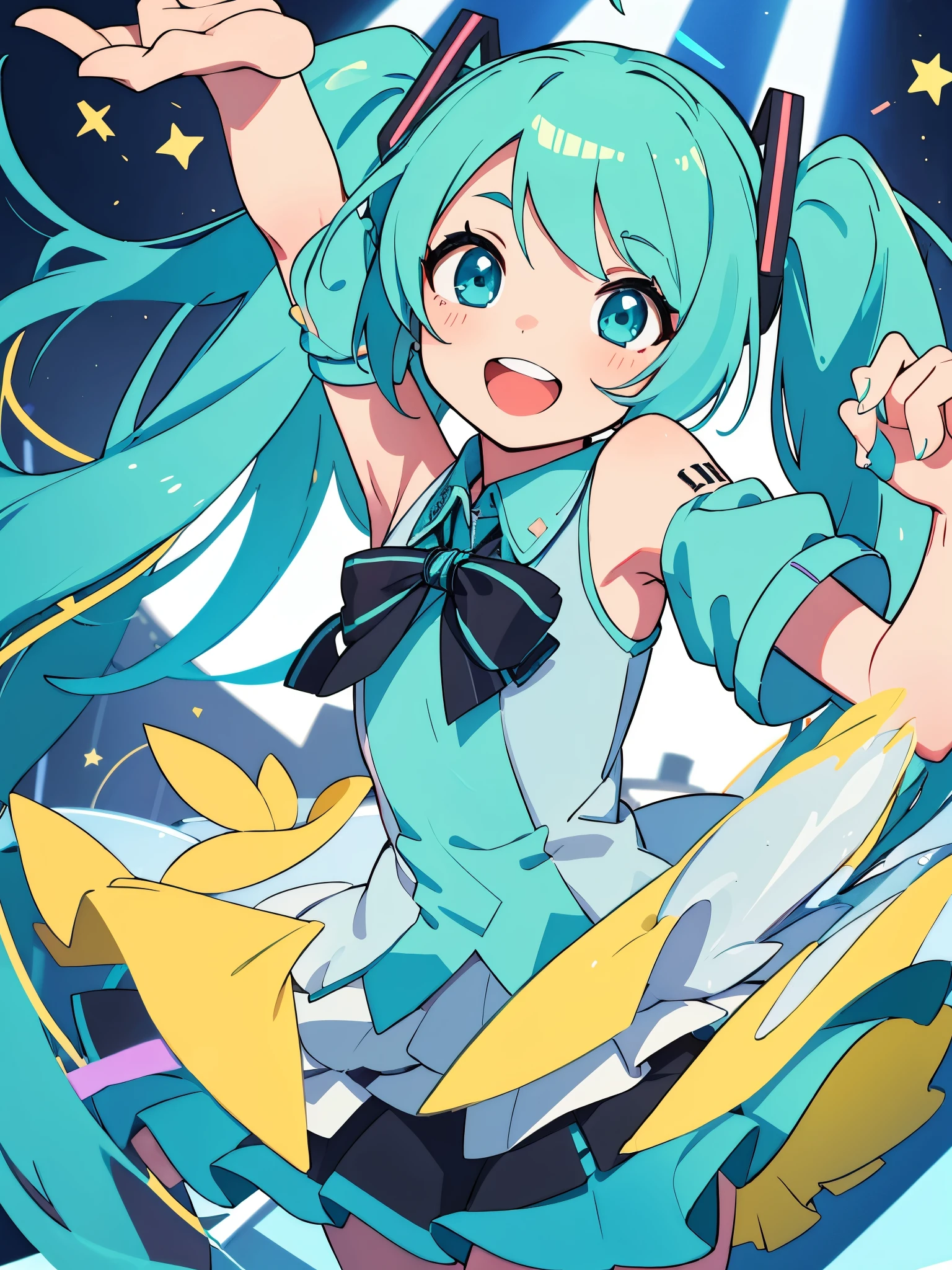 Only one girl, 1girl, Hatsune Miku, on the concert stage, happy face, smile so wide, smooth color, amazing detail