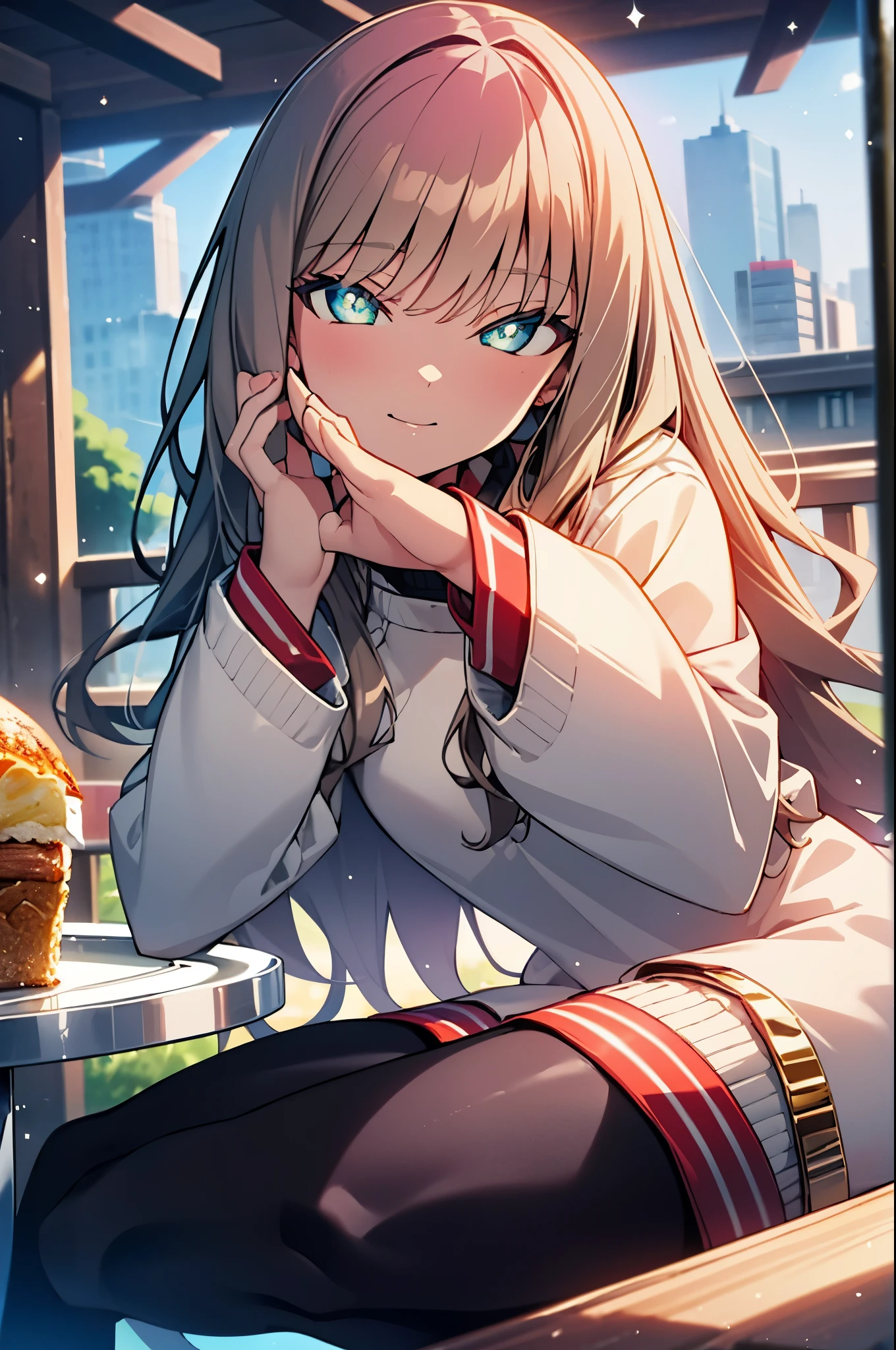 8k,highest quality,masterpiece,Southern dream bud,Southern dream bud　sss dynazenon,brown hair,long hair,green eyes,short braided hair, blush,smile,white oversized sweater,shorts,White pantyhose,short boots,open terrace,restaurant,food is placed on the table,sitting in a chair,(masterpiece:1.2), highest quality, High resolution, unity 8k wallpaper, (shape:0.8), (beautiful and detailed eyes:1.6), highly detailed face, perfect lighting, Very detailed CG, (perfect hands, perfect anatomy),