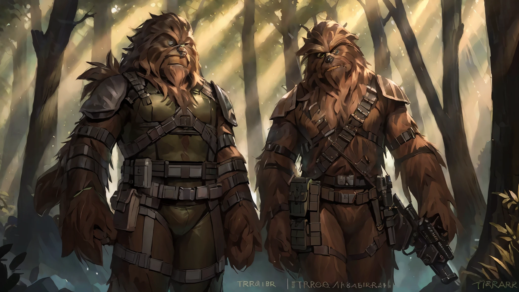 ((Two tall strong male wookies wearing green leotards with a utility belt)), thigh holster, bandoleer, leather straps, tactical, Star Wars blaster, gun, dilf, shoulder pads, 4K, Detailed Background, forest, bright sunlight, detailed eyes, narrow eyes, realistic eyes, serious eyes, symmetrical eyes, by Taran Fiddler