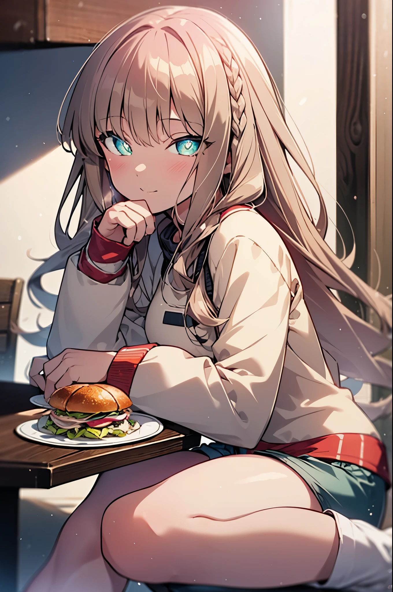 8k,highest quality,masterpiece,Southern dream bud,Southern dream bud　sss dynazenon,brown hair,long hair,green eyes,short braided hair, blush,smile,white oversized sweater,shorts,White pantyhose,short boots,open terrace,restaurant,food is placed on the table,sitting in a chair,(masterpiece:1.2), highest quality, High resolution, unity 8k wallpaper, (shape:0.8), (beautiful and detailed eyes:1.6), highly detailed face, perfect lighting, Very detailed CG, (perfect hands, perfect anatomy),