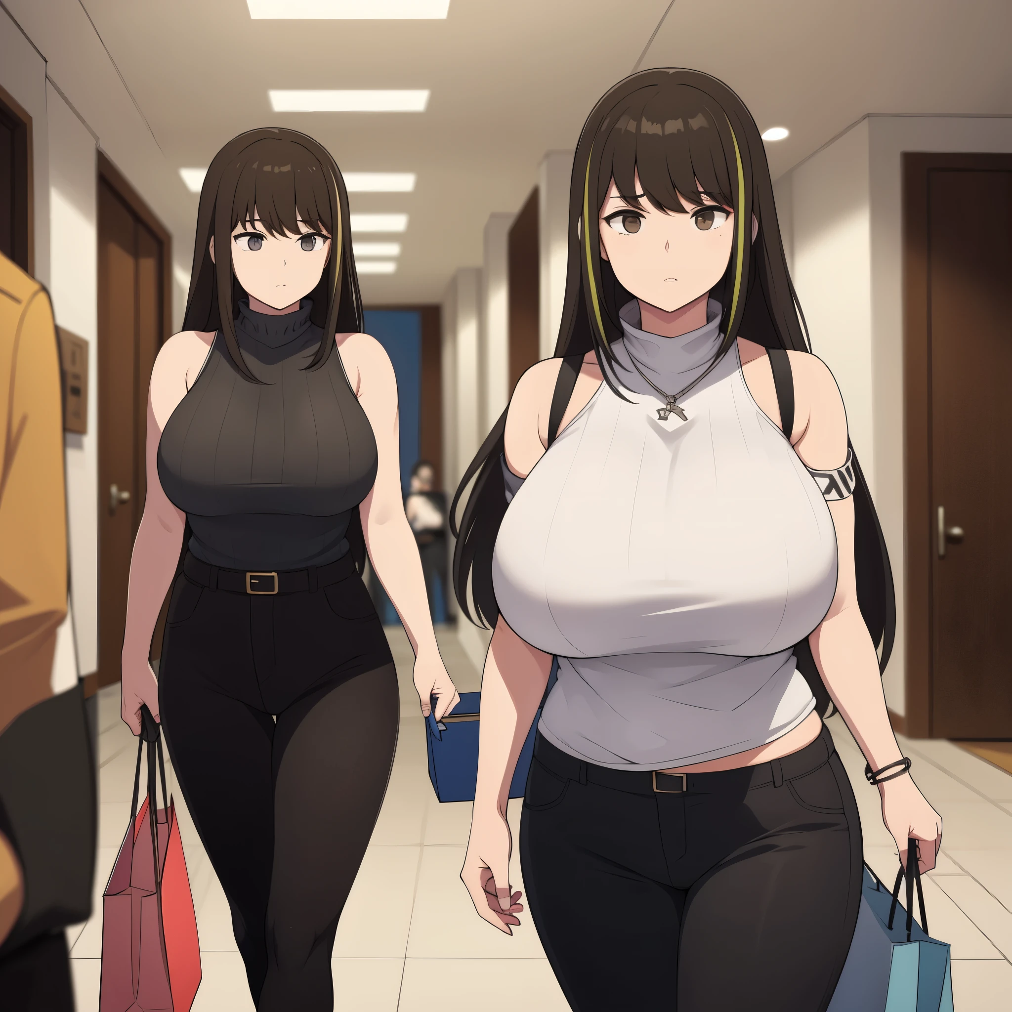 a woman wearing a white shirt, tight black pants, big breast, in a shopping mall