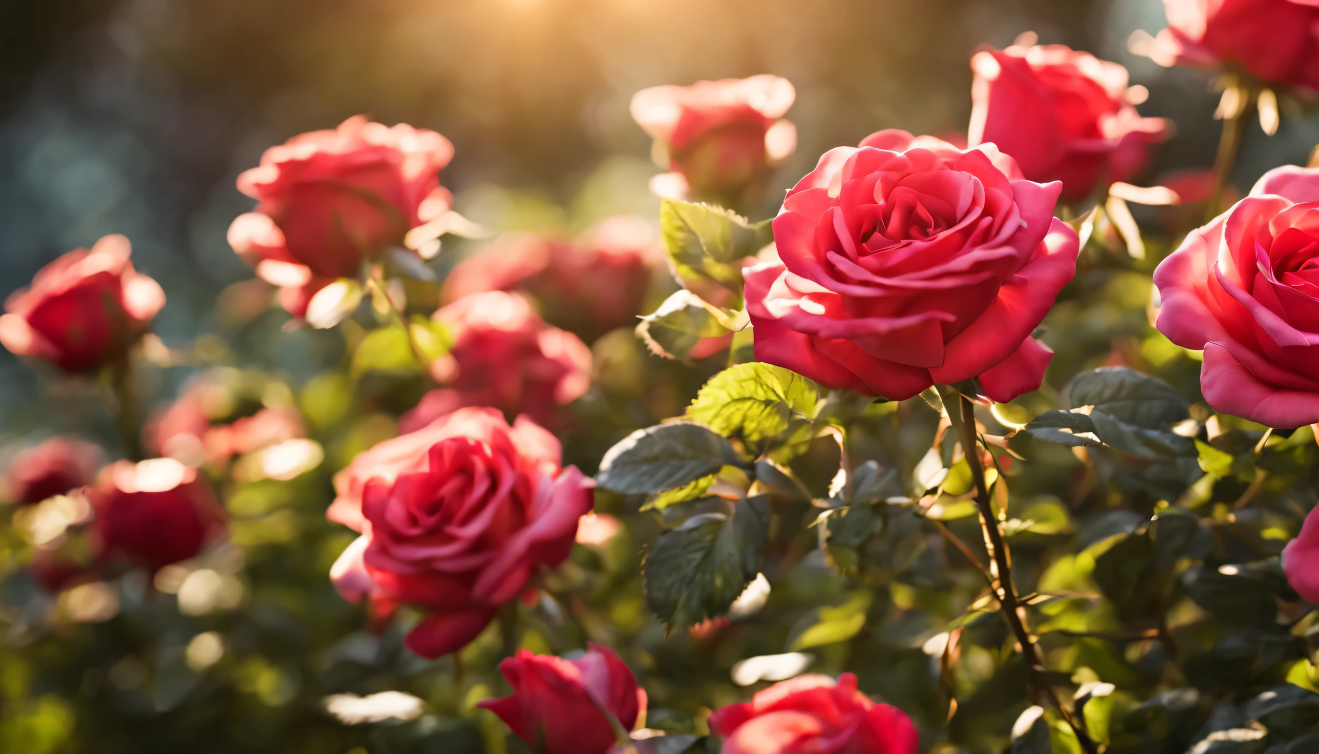 photo of beautiful roses, sunlight shining on the petals, red roses, spring roses, charming roses, spring garden, blooming flowers