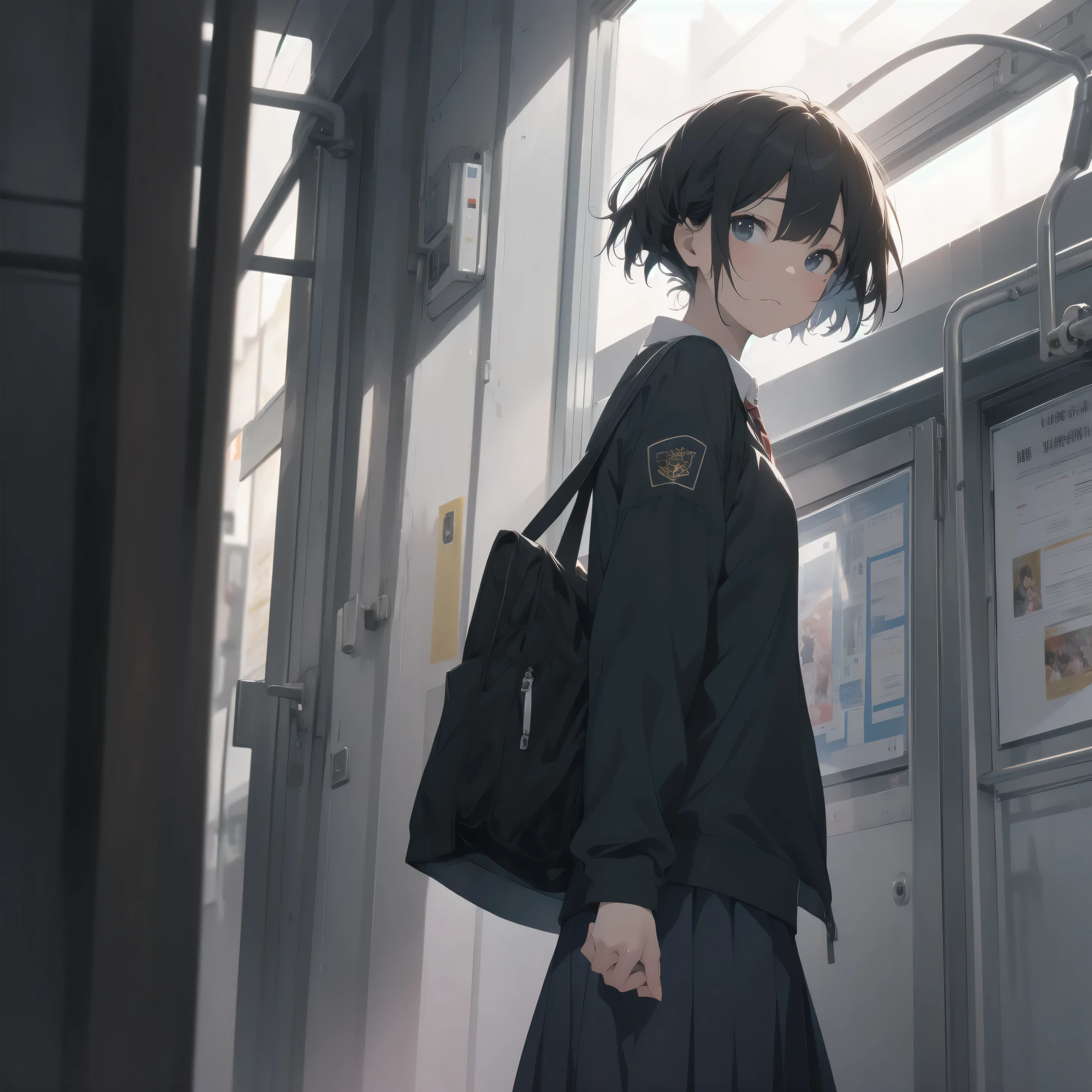 Super absurd quality by the god of art, super detailed, High resolution, anime moe art style, Best Anime 8K Kona-chan Wallpaper, pixiv contest winner, perfect anatomy, break,(眠そうにalone学校へ行く女の子を描いてください. )break,1 girl, (alone,little woman, baby face, 13 years old:1.3),All limbs, full finger,, The charm of an immature body, (very_short hair), bangs, flat chest, Small Bodysuits, small ass, between legs, small black eyes, detailed and beautiful eyes, Well-proportioned iris and pupils, expressive eyes, sleepy eyes, High resolutionの詳細な髪, hair ornaments, skirt, collared shirt, pleated skirt, school uniform, school bag,(detailed lighting), (detailed background), On the way to school. break,super dense skin, Best movie lighting by famous artists, 8k,cute illustration,photoshop_(Moderate),Absurd Hi-Res,Hmm,rough skin