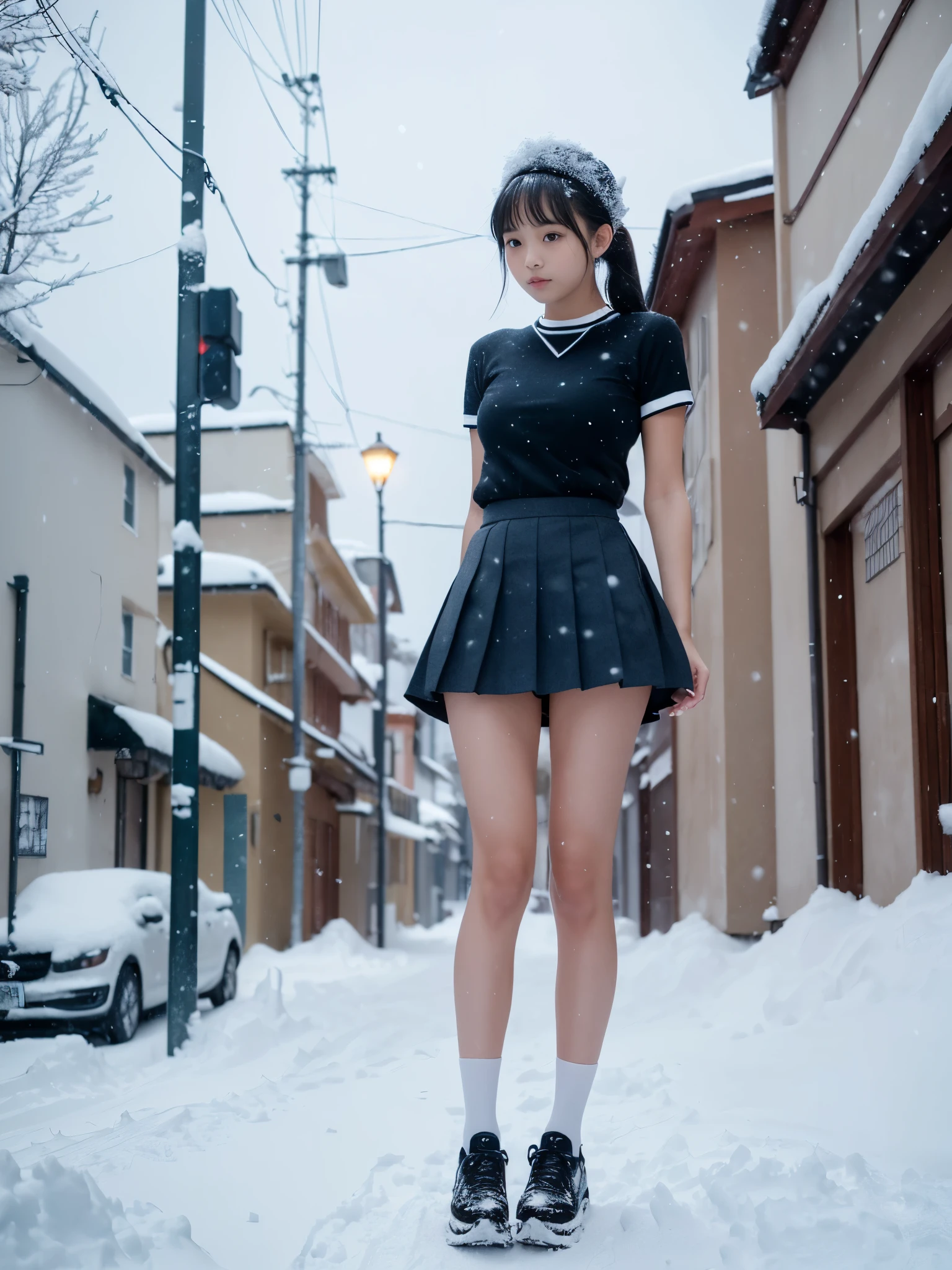 (in 8K、RAW Photos、top-quality、​masterpiece:1.2), (realisitic、Photorealsitic:1.37), ultra-detailliert, high resolution, 1girl in, a closeup, Raw feet, black eyes, japanese, color_contact_lens, (beautiful legs:1.3), (slender girl:1.4), a beauty girl, (Thin legs:1.3), a sailor suit, , high-school girl, JK, Ultra mini skirt, Dark blue pleated skirt, Short socks, Tri-fold socks, white sock, (short sleeves:1.2), Full body, (standing:1.2), (heavy snowing:1.3), (deep snow:1.2),(town_background:1.2),white_ribbon, (black mary janes shoes:1.1), (tanned_skin:1.4), (dark_skin:1.5)