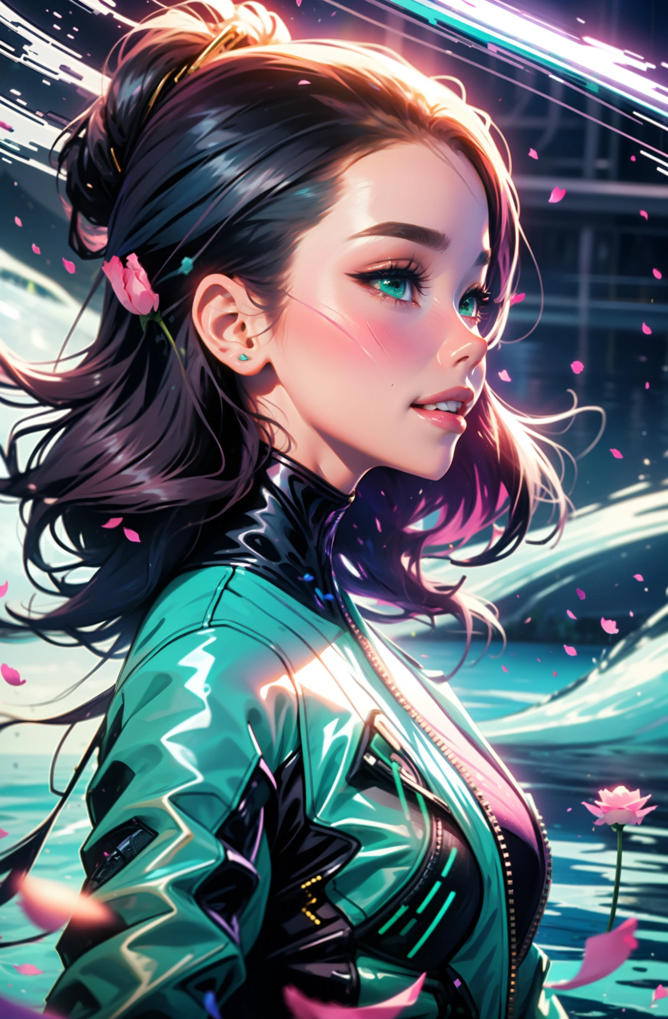 cyberpunk female woman wearing (turquoise Jacket with chromatic accents:1.1), sleek pink and White full bodysuit, side view turning to face camera, (Petal Blush, Lagoon Blue color background:1.3), amazing smile, looking at camera, golden hour