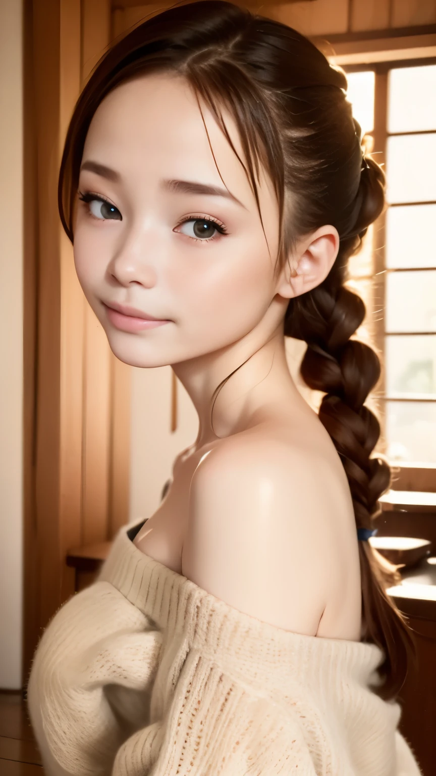 adorable, Pure,18-year-old, , flat chest, in Japan, (off_shoulder sweater, bare shoulders), baby hair, hair scrunchie, french braid, (Suggestive:1.2), (smile:0.2), (highest quality:1.0), (超A high resolution:1.0) ,(photo-realistic:1), (super detailed:1.0), (8K RAW写真:1.1),