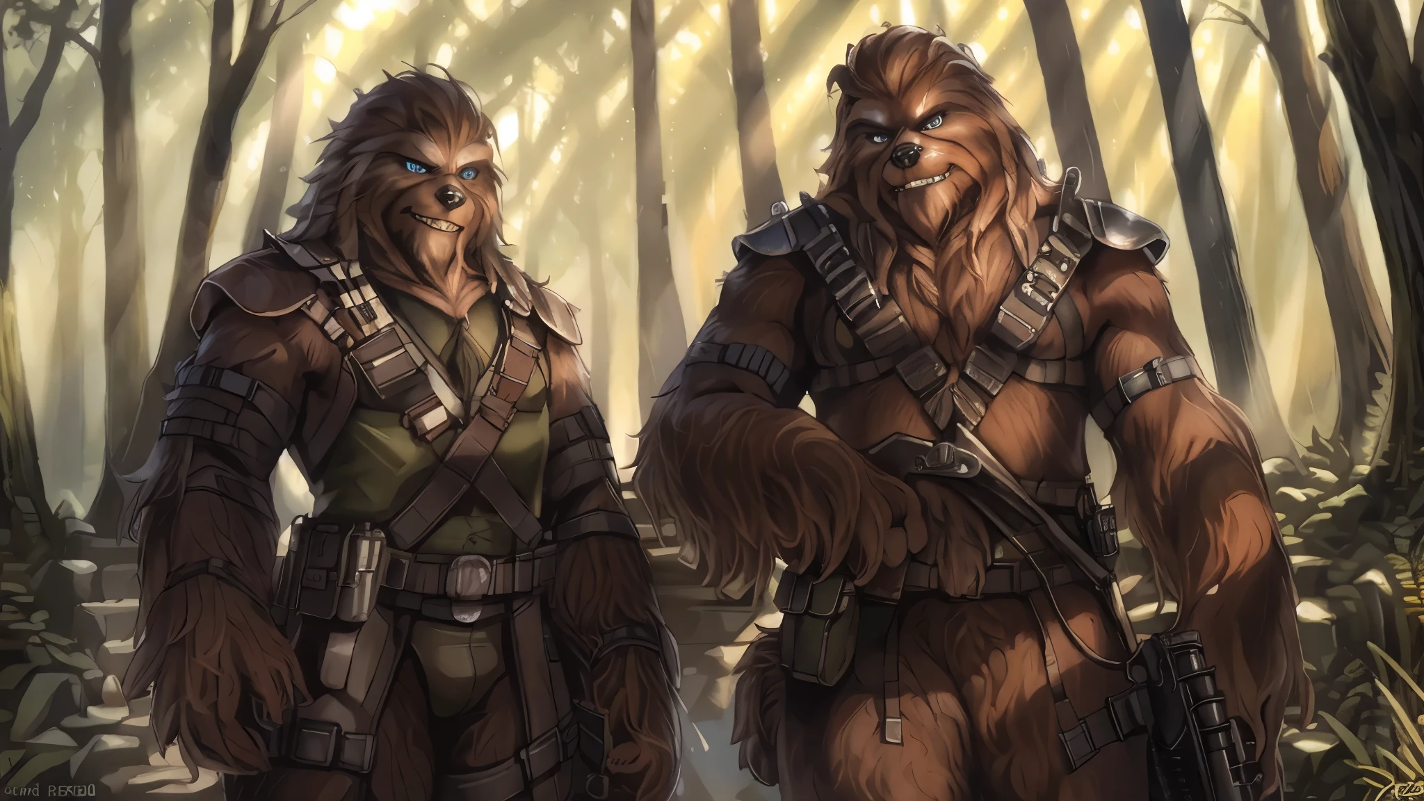 ((Two tall strong male wookies wearing green leotards with a utility belt)), thigh holster, bandoleer, leather straps, tactical, Star Wars blaster, gun, dilf, shoulder pads, 4K, Detailed Background, forest, bright sunlight, detailed eyes, narrow eyes, realistic eyes, serious eyes, symmetrical eyes, by personalami, by ruardri, by thebigslick, by kenket