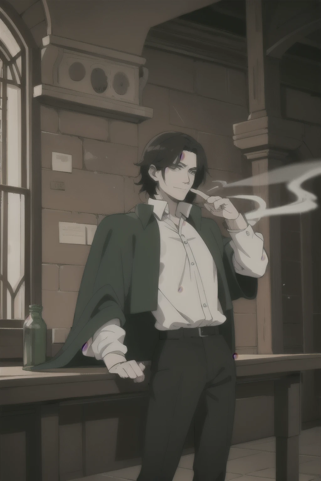(Best quality, anime, scenic, good art quality) The scene is atmospheric and open, ancient sacrificial pictures, smoky and full of smoke, noir atmosphere, in a castle, severus snape, brunette man wearing a black and green cape, casting magic, dark magic, evil magic, handsome, smirk, arrogant, potion bottles, detrctive noir, black button up, white undershirt, black pants, slytherin, handsome man, popular on ArtStation, anime man