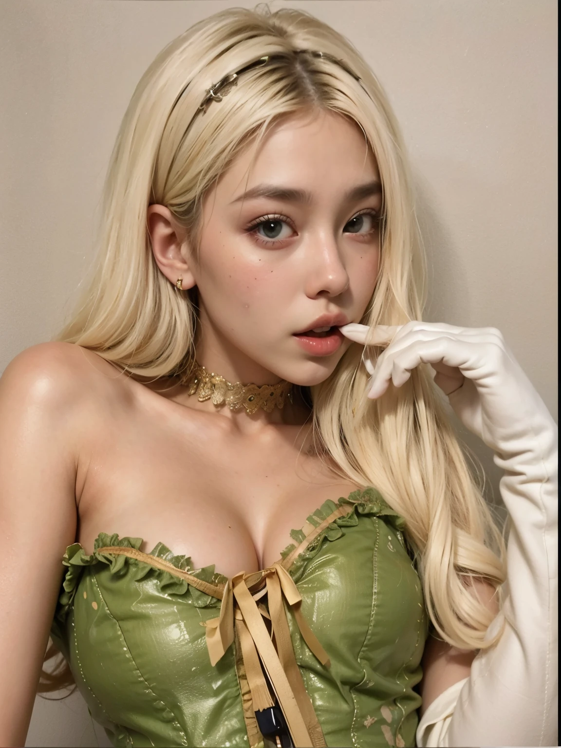 um close de uma mulher com um vestido verde e luvas brancas, obras de arte no estilo de guweiz, no art style by bowater, inspirado em Yanjun Cheng, Retrato de Jossi do Blackpink, inspirado em Russell Dongjun Lu, inspirado em Kim Deuk-sin, even model | artegerm, pintura digital brilhante, Loish e Wlop, cabelo loiro