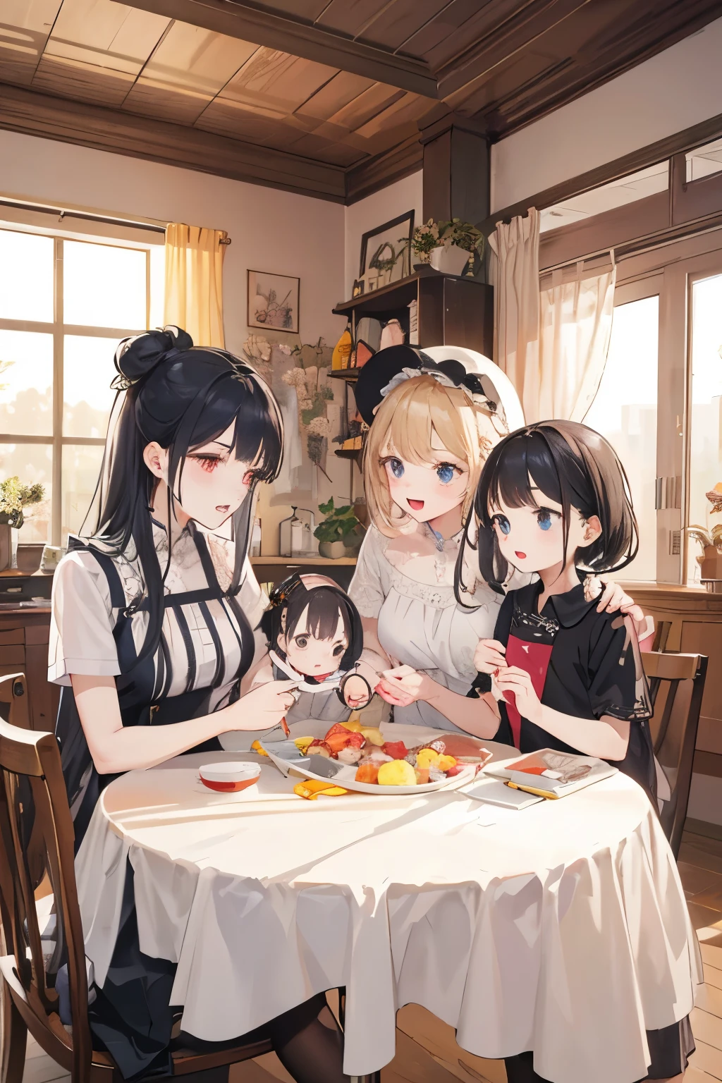 masterpiece, best quality, family，dad，Mother，elder sister，younger sister，cartoon，at home，Four people
