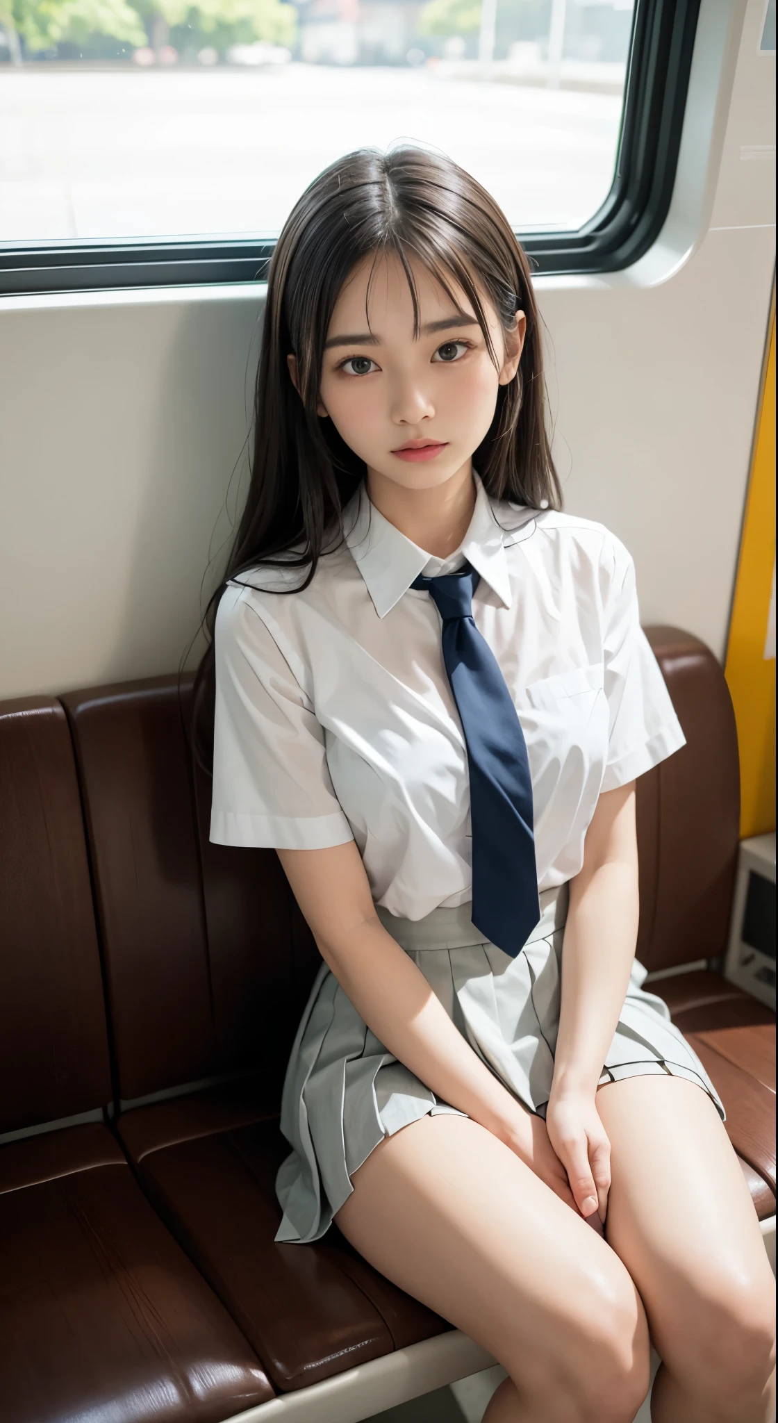 (masterpiece, highest quality:1.2), 8k, 15 years, 85mm, official art, RAW photo, confused, white dress shirt, cute face, close, Upper body, viola lace, gardenia, beautiful girl, school uniform, (navy pleated skirt:1.1), tighten your waist, thighs, short sleeve, on the train, sit on a bench seat, looking at the viewer, no makeup, (smile:0.4), film grain, chromatic aberration, sharp focus, face light, clear lighting, , detailed face, background bokeh, (dark red tie:1.1)