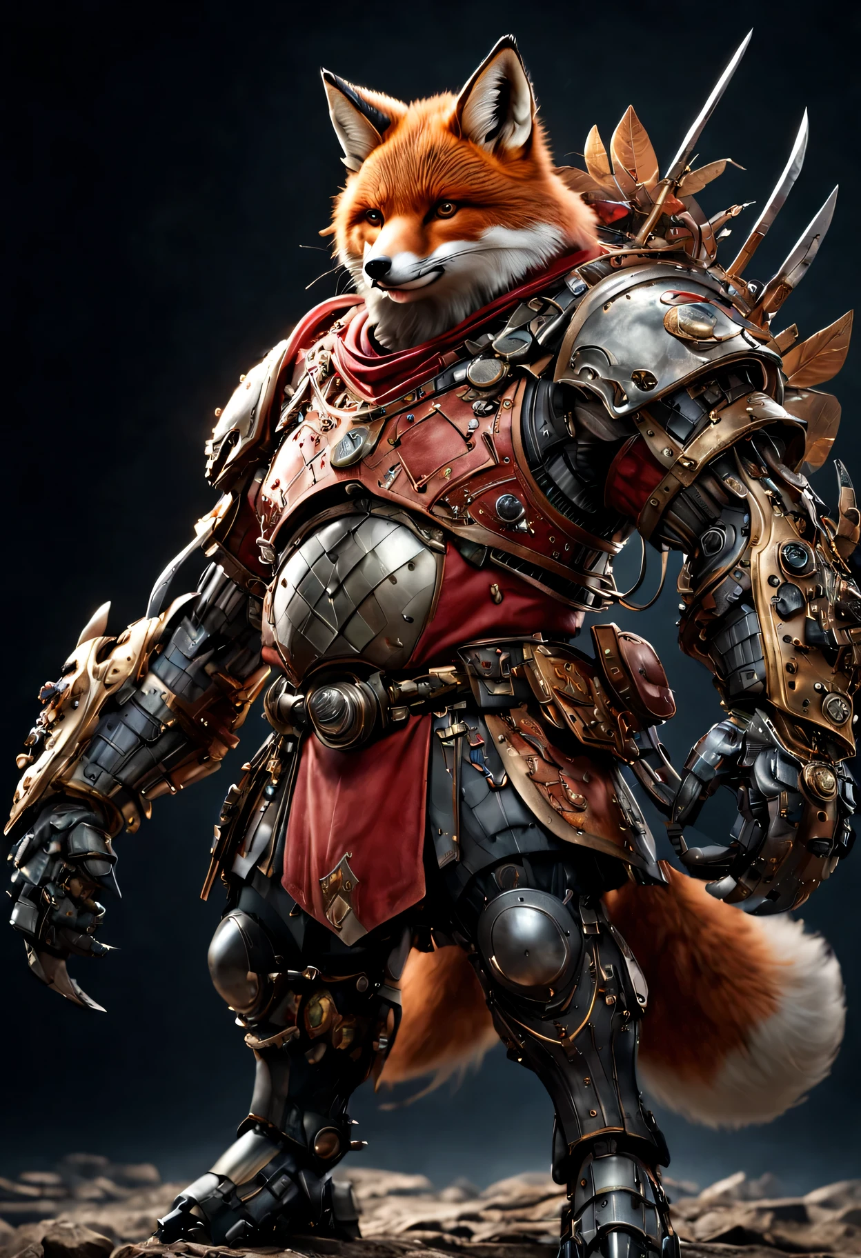 photorealistic portrait of Dressed animals - a ((fat)) red fox warrior,(brave pose), high quality,(lovely) ,intricate detailed giant mechanical arms, highly detailed ((mechanical armor) ,,highly detailed decorations, , (brave), studio lighting,(full body image from head to toe:1.5)
