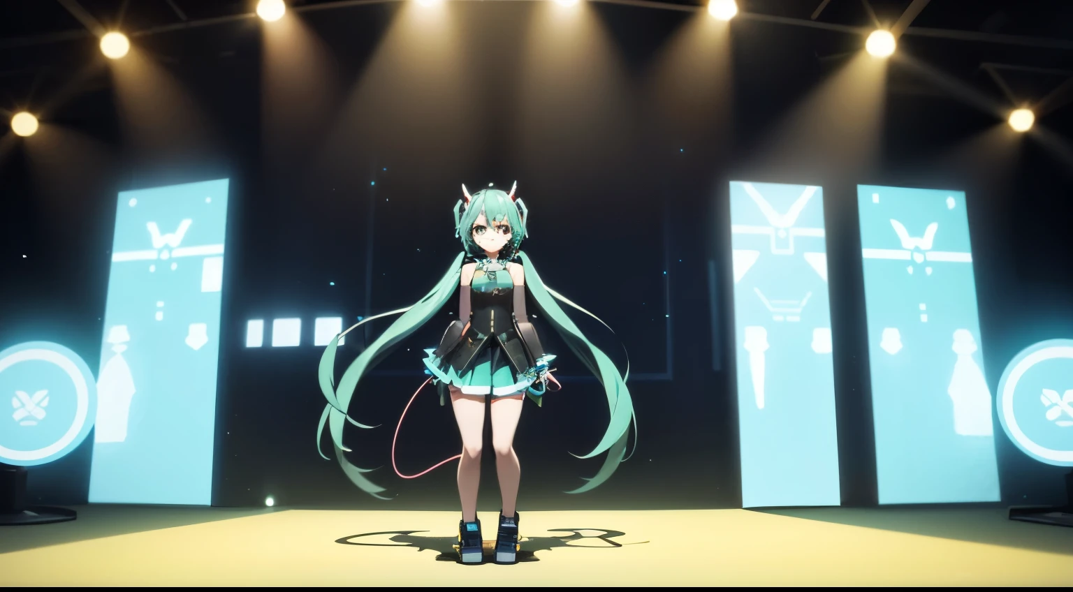Bright stage lights illuminate the scene, casting dramatic shadows across the stage. Hatsune Miku stands at the center, her virtual presence exuding an aura of energy and excitement. She is dressed in her iconic turquoise outfit, complete with long flowing twin-tails and a headset microphone.
