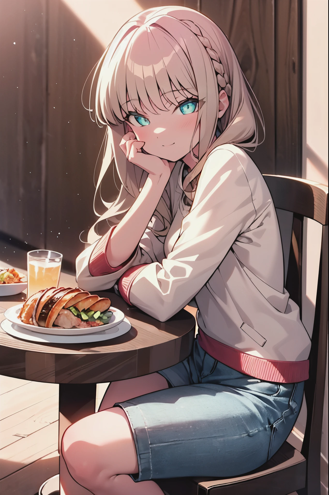 8k,highest quality,masterpiece,Southern dream bud,Southern dream bud sss dynazenon,brown hair,long hair,green eyes,short braided hair, low ponytail,blush,smile,white oversized sweater,shorts,White pantyhose,short boots,open terrace,restaurant,food is placed on the table,sitting in a chair,(masterpiece:1.2), highest quality, High resolution, unity 8k wallpaper, (shape:0.8), (beautiful and detailed eyes:1.6), highly detailed face, perfect lighting, Very detailed CG, (perfect hands, perfect anatomy),