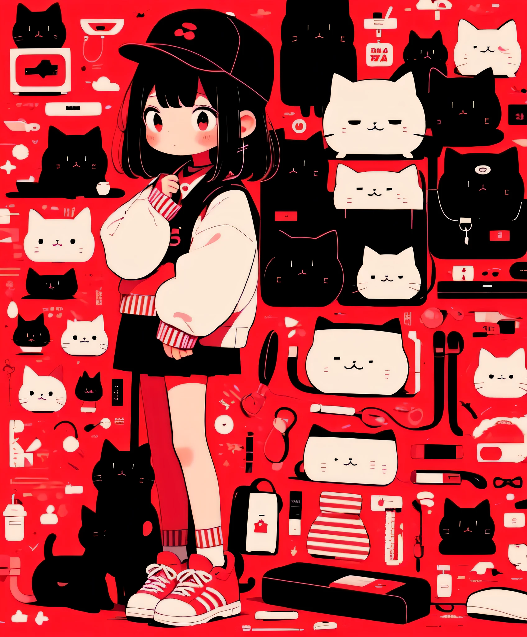 1 girl, black eyes, background, Pink hat, Bag, Cat, Red Hat, drawstring, black hair, shoe, stationery box, uniform, skirt, alone, cell phone, predio, hair accessories, Chinese, band aid plastic, sock, Toy, 白色shoe类, stripe, looking at the audience, jewelry, 运动shoe, Telephone, Permanent installation, blush, whole body, skirt, medium hair, sock ，hairpin, Red theme, dialog box, 拿着Telephone, shut up, cell phone, animal, short hair, 简单的background, 黄skirt