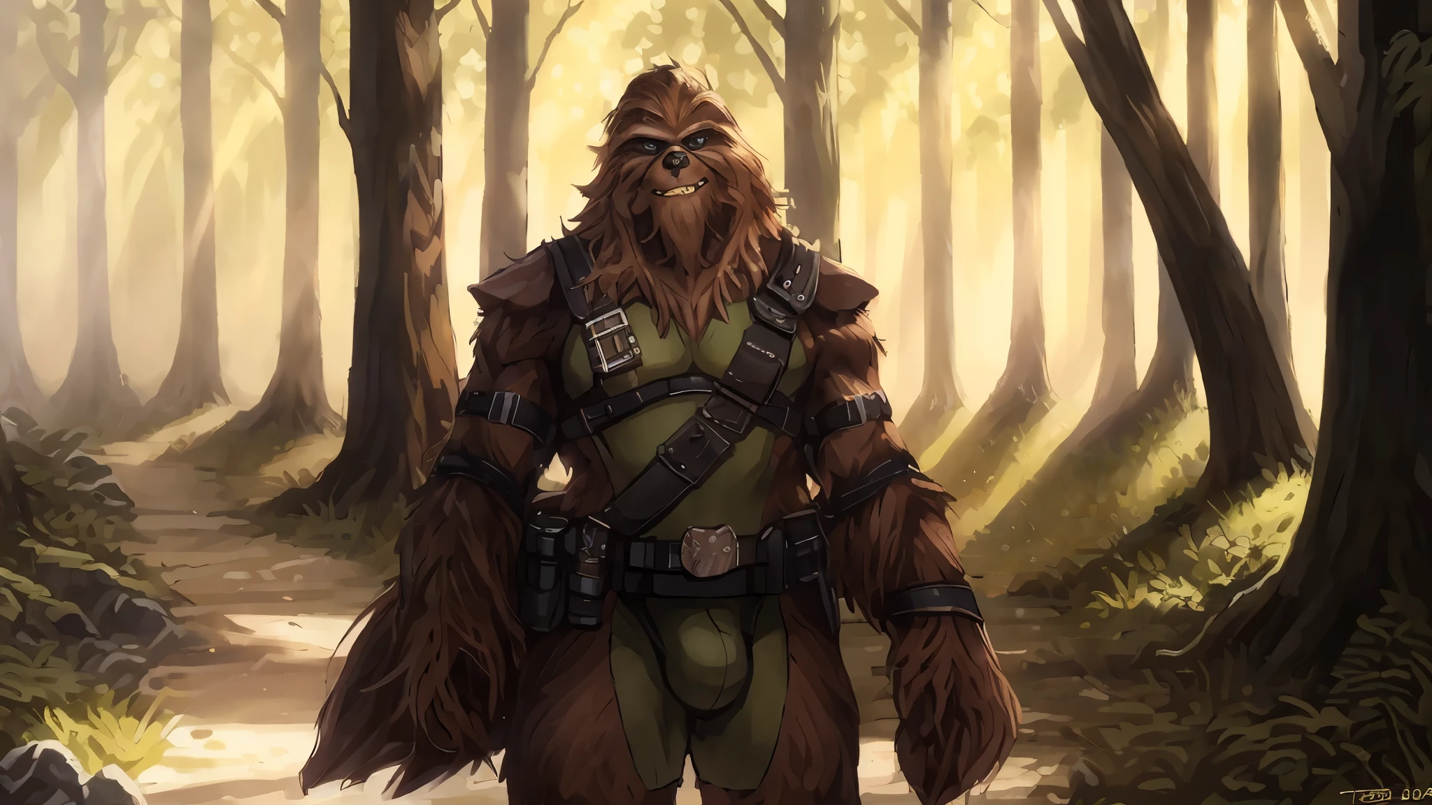 ((Two tall strong male wookies wearing green leotards with a utility belt)), thigh holster, bandoleer, leather straps, tactical, Star Wars blaster, gun, dilf, bulge, shoulder pads, 4K, Detailed Background, forest, bright sunlight, detailed eyes, narrow eyes, realistic eyes, serious eyes, symmetrical eyes, by personalami, by ruardri, by thebigslick, by kenket