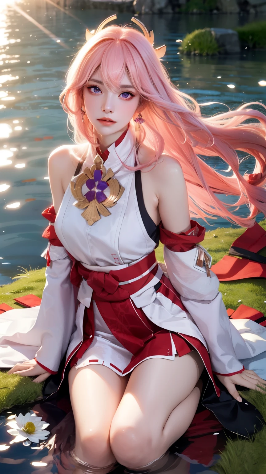 top quality, whole body, High quality texture, fine grained, Realistic facial expressions, Delicate skin, Japanese cartoons, girl, Gentle eyes, purple eyes，Sexy, mix, Model, illustration, portrait, half true, Princess, skirt, White skirt, White skin, wind flower, grassland, water lake, sun, Light, (small), pink hair，long hair，huge ，Above the feet