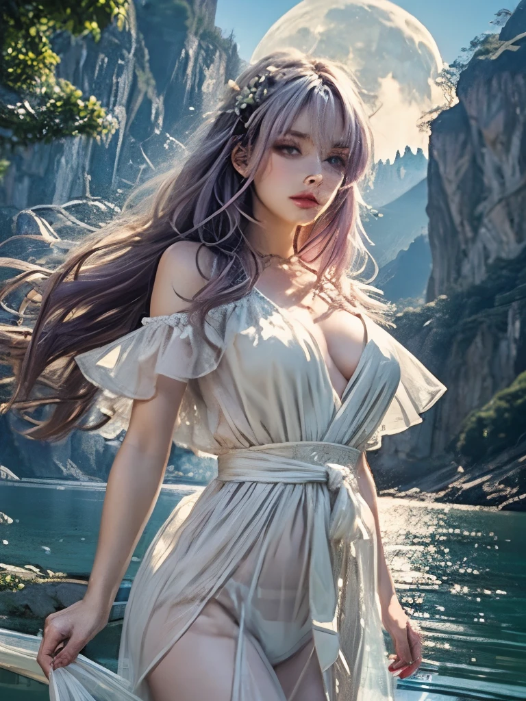 masterpiece、4K、A woman with long fluffy light purple hair、kind face、small breasts、Beautiful detailed white see-through dress、Cleavage exposed、Breasts visible from the side、long legs、Hands folded in front of the waist、Lake of the moonlit night