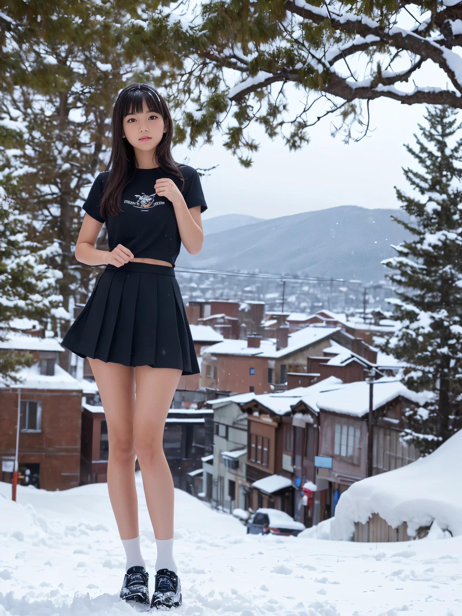 (in 8K、RAW Photos、top-quality、​masterpiece:1.2), (realisitic、Photorealsitic:1.37), ultra-detailliert, high resolution, 1girl in, a closeup, Raw feet, black eyes, japanese, color_contact_lens, (beautiful legs:1.3), (slender girl:1.4), a beauty girl, (Thin legs:1.3), a sailor suit, , high-school girl, JK, Ultra mini skirt, Dark blue pleated skirt, Short socks, Tri-fold socks, white sock, (short sleeves:1.2), Full body, (standing:1.2), (heavy snowing), (deep snow:1.2),(town_background:1.2),white_ribbon, (black mary janes shoes:1.1), (tanned_skin:1.5), (dark_skin:1.5)