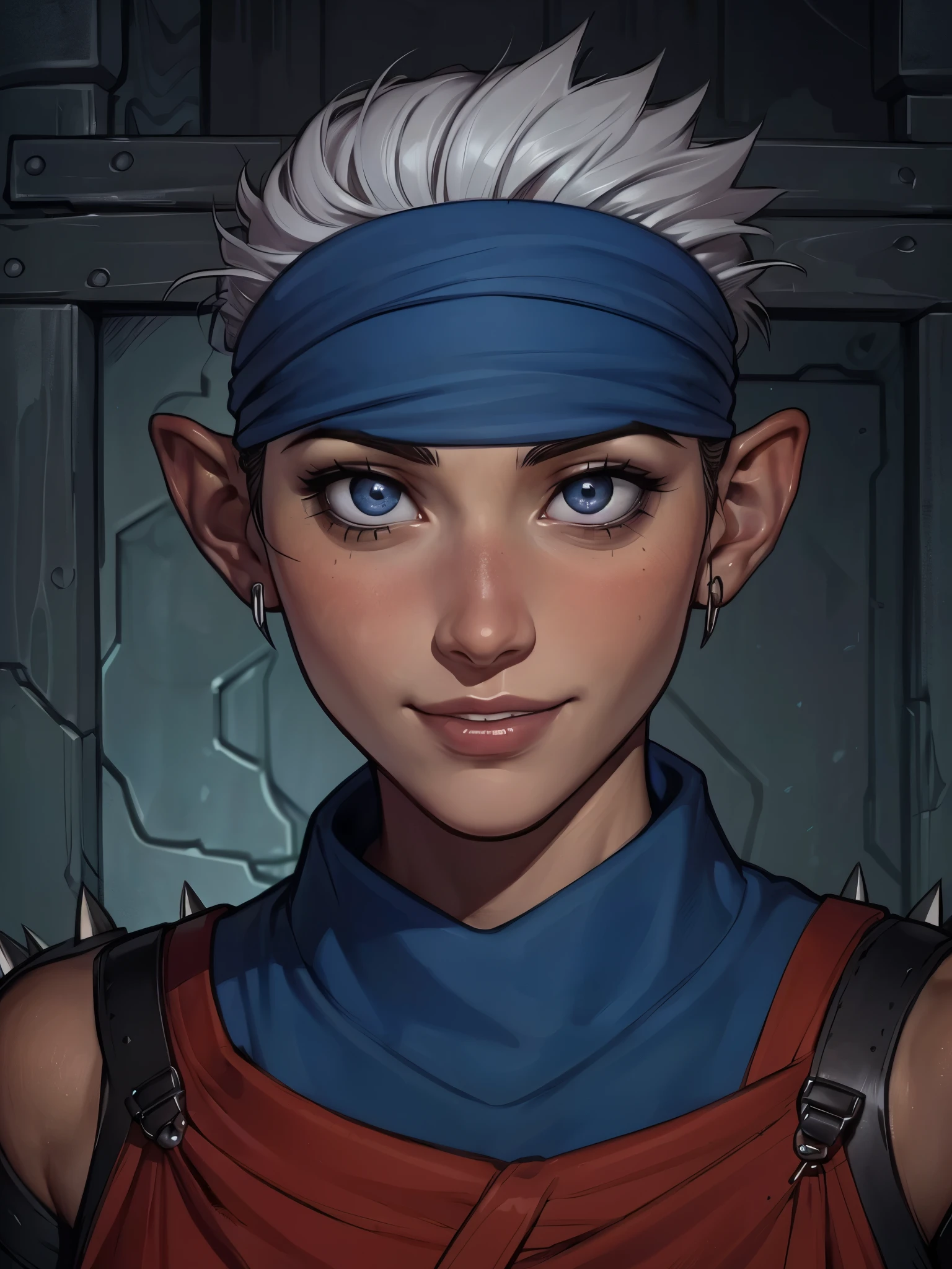 (1girl:1.3), ((a manga drawing by Kentaro Miura)), | A 17-year-old female, Nimona, Smellerbee, hair ((Short blue, spiked hair:1.3)), bandaid on face, ((black headband)), (silver eyes), female singer, Wearing elf costumes, With a happy smile, ((mischievous)), | Set in a medieval fantasy adventure, | (8k, RAW photo, best quality, masterpiece:1.2),ultra-detailed, (high detailed skin:1.2), 8k uhd, dslr, soft lighting, high quality, asura, film grain, highly detailed shading, in a medieval art RPG art style, (((closeup portrait))), ((LOOKING at the VIEWER))
