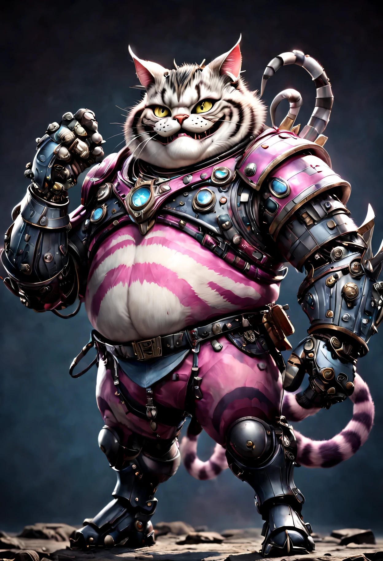 photorealistic portrait of Dressed animals - a ((fat)) Cheshire cat warrior,(brave pose), high quality,(lovely) ,intricate detailed giant mechanical arms, highly detailed ((mechanical armor) ,,highly detailed decorations, , (brave), studio lighting,(full body image from head to toe:1.5)
