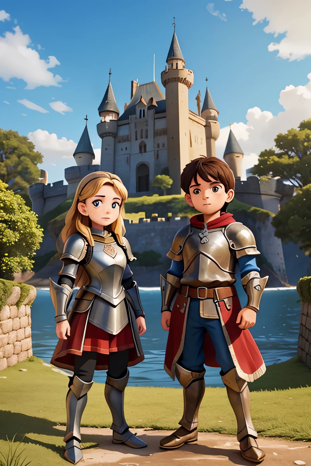 em frente a um castelo de torres altas. A boy and a woman wearing armor are guarding the castle .Alta qualidade