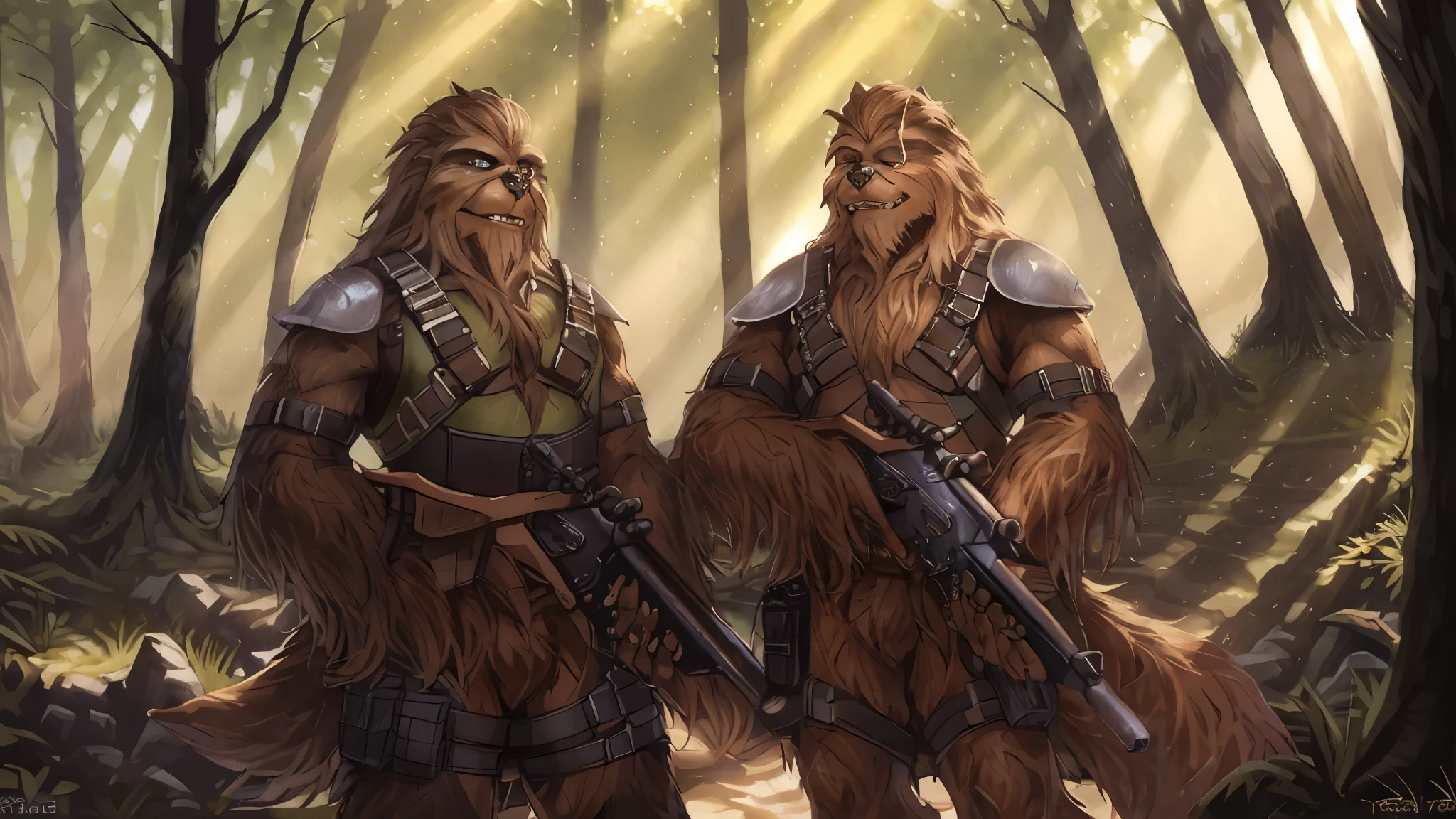 ((Two tall strong male wookies wearing green leotards with a utility belt)), thigh holster, bandoleer, leather straps, tactical, Star Wars blaster, gun, dilf, shoulder pads, 4K, Detailed Background, forest, bright sunlight, detailed eyes, narrow eyes, realistic eyes, serious eyes, symmetrical eyes, by personalami, by ruardri, by thebigslick, by kenket