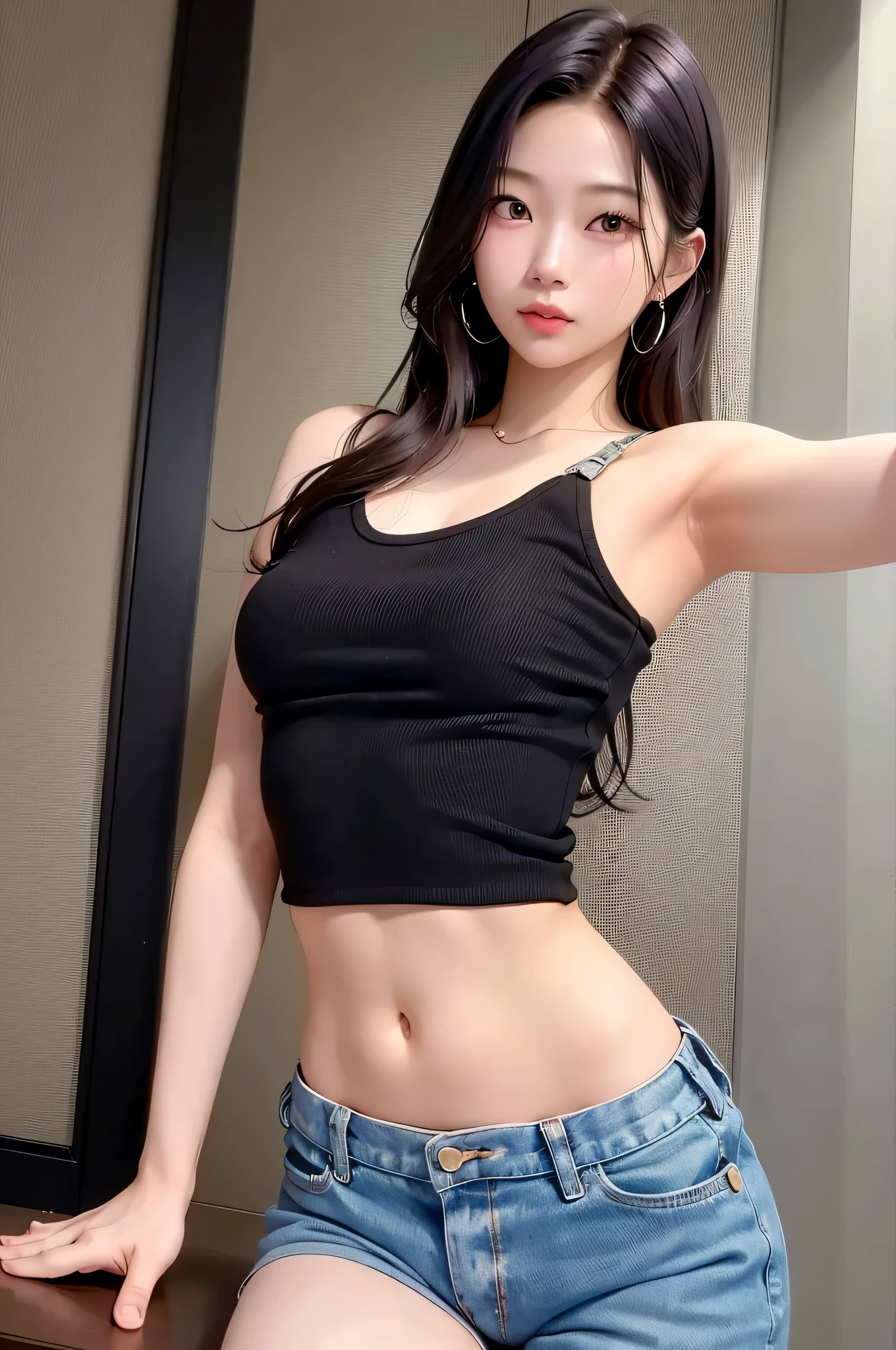 1gir, Kazuha Nakamura, Beautiful, Wearing tanktop, selife, beauty, selfie from phone view, low key,(official clothing:1.4) ,long hair,black hair, black eyes, korean, pretty, winning award photo, masterpiece, detailed face, perfect face