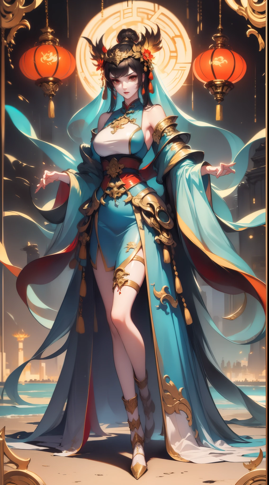 Close-up of a tall woman in her 30s, red eyes and black hair, Dressed in a red and black dress, queen of china, female swordsman, chinese princess, Standing in a Chinese temple, New clothing concept design, blade and soul style, full body character concept, Detailed character design, Inspired by Yang Jin, inspired by trees, Moon themed clothing, Gold set, Inspired by Zhu Lian, Color concept art, Highly detailed character design, Highly detailed face, Inspired by Ai Xuan, Very detailed face, Unreal Engine rendering, final fantasy 14 style