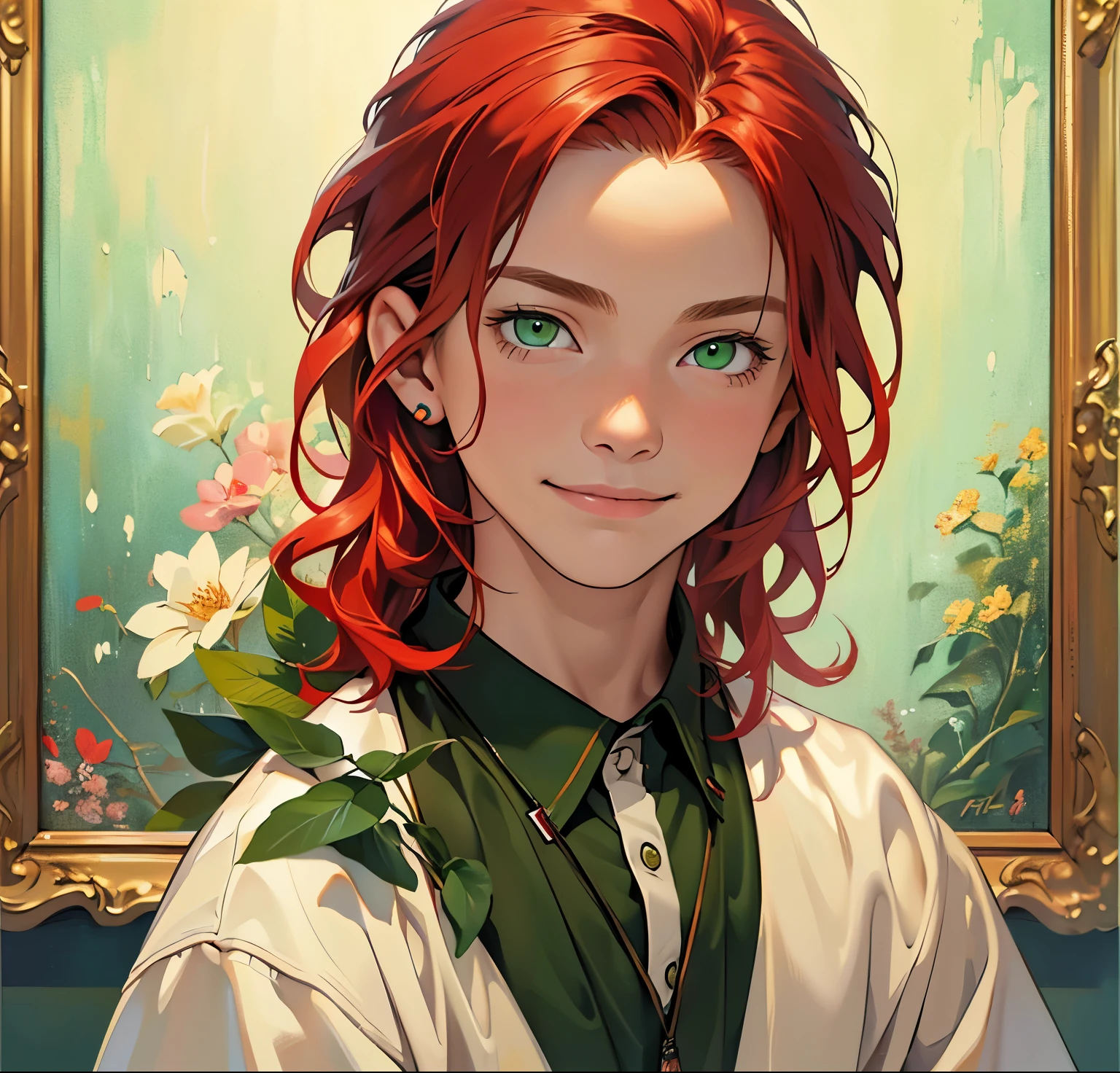 (One boy, ultra-detailed, Realistic:1.37, artwork:1.2), young, Caucasian male, medium length red hair, smile, (:1.7), simple clothes l, orphanage background, oil painting texture, intense green eyes.