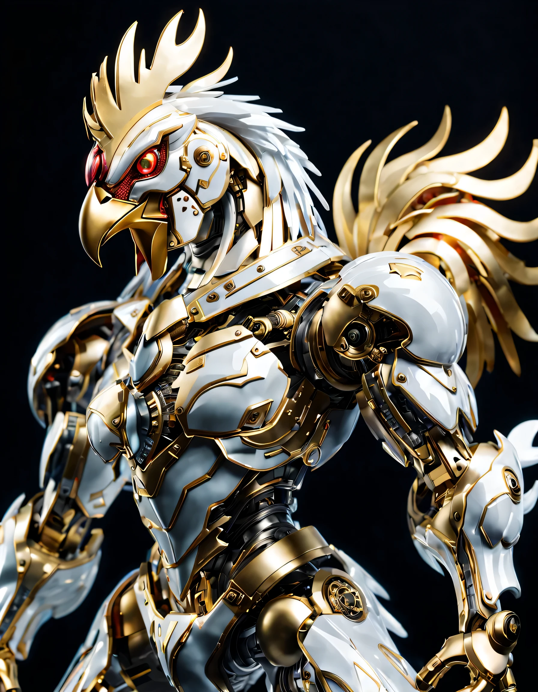 (full-body shot:1.5), (full view:1.5), personification,Pure black background, A white and gold rooster transparent mecha stands on the ground,Get into a fighting stance,Exquisite white transparent glass mechanical armor, Metal mechanical mask, Precision luminous electronic eye,(The internal structure is complex and precise:1.2), Exquisite and complex golden mecha texture, (gold mechanical thread:1.2), (Well-designed, high detail, masterpiece, best quality, ultra high definition, Sharpen details, ,metallic feel),New Jersey RS