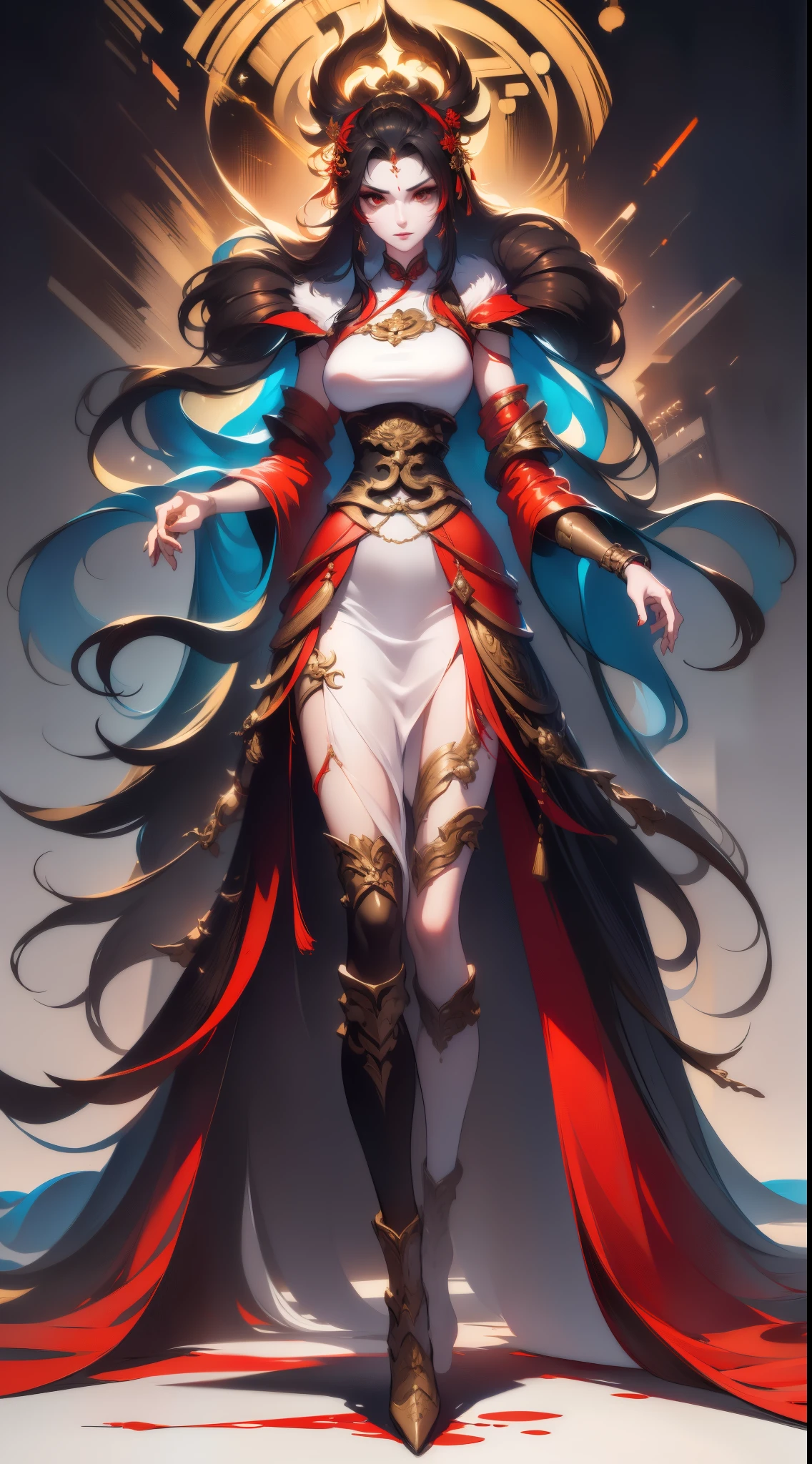 Close-up of a tall woman in her 30s, red eyes and black hair, Dressed in a red and black dress, queen of china, female swordsman, chinese princess, Standing in a Chinese temple, New clothing concept design, blade and soul style, full body character concept, Detailed character design, Inspired by Yang Jin, inspired by trees, Moon themed clothing, Gold set, Inspired by Zhu Lian, Color concept art, Highly detailed character design, Highly detailed face, Inspired by Ai Xuan, Very detailed face, Unreal Engine rendering, final fantasy 14 style
