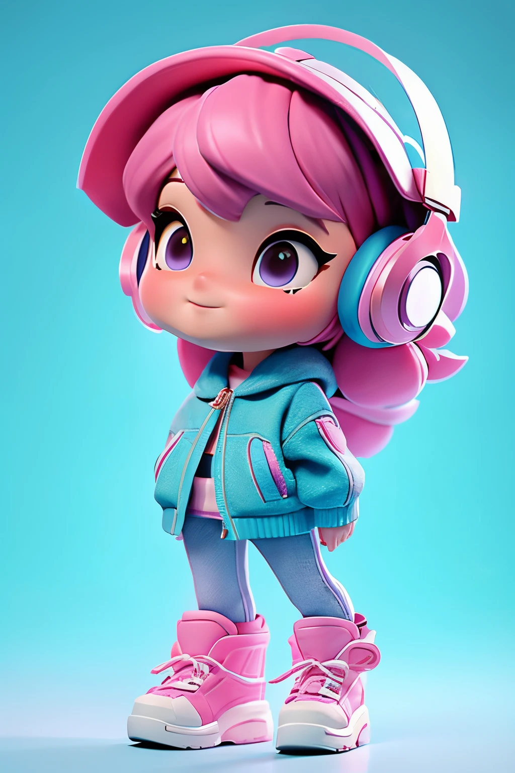 一个Cartoon少女,blue long head,With pink headphones,Wear a denim jacket,carrying a bag,Cartoon,blind box,Rich in details,HD